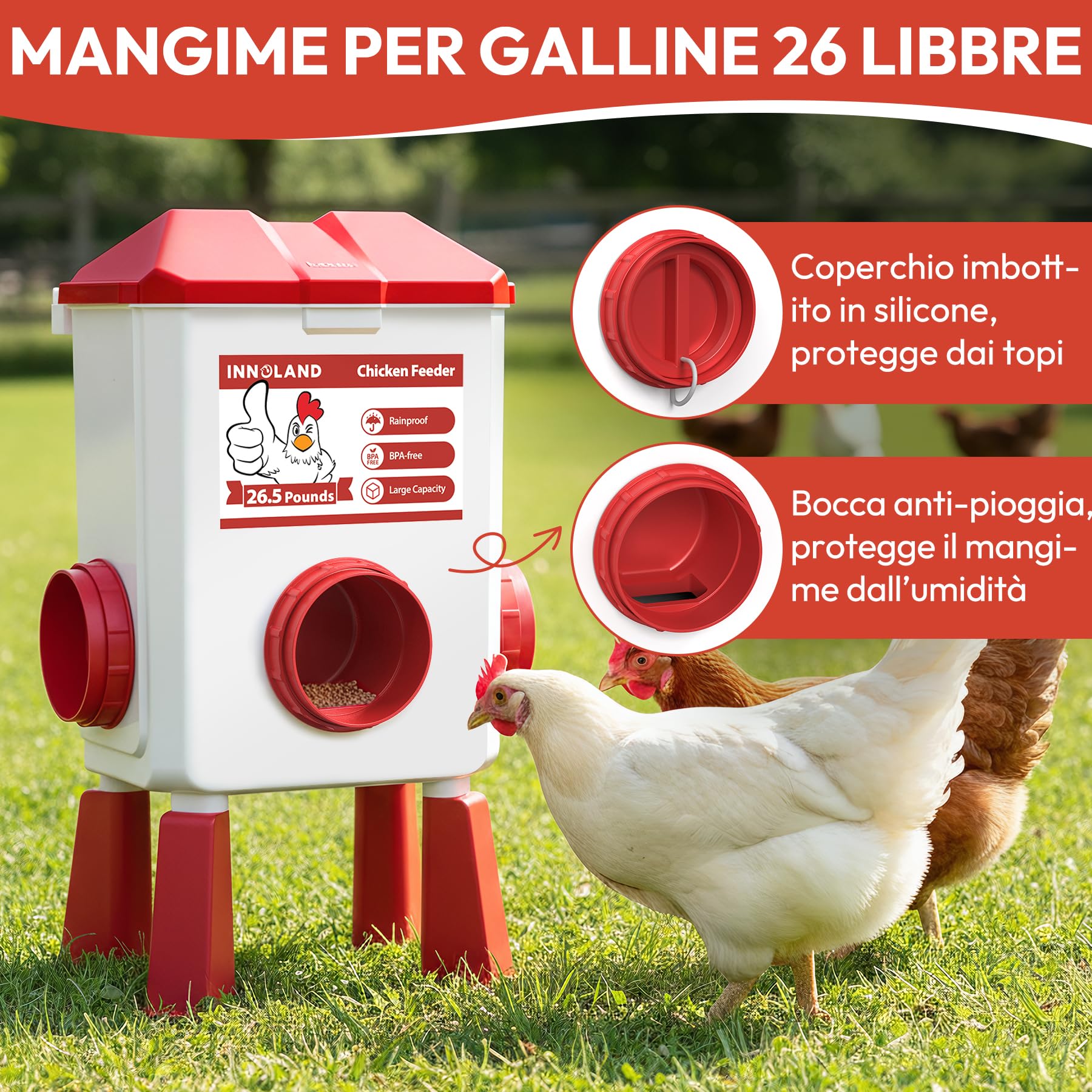 Abbeveratoio per Galline e Mangiatoia per Galline - 11L/12KG, Abbeveratoio Automatico per Gallines con 4 Beccucci e 3 Bocche di Alimentazione, Senza Sprechi, Accessori per Pollaio per Anatres