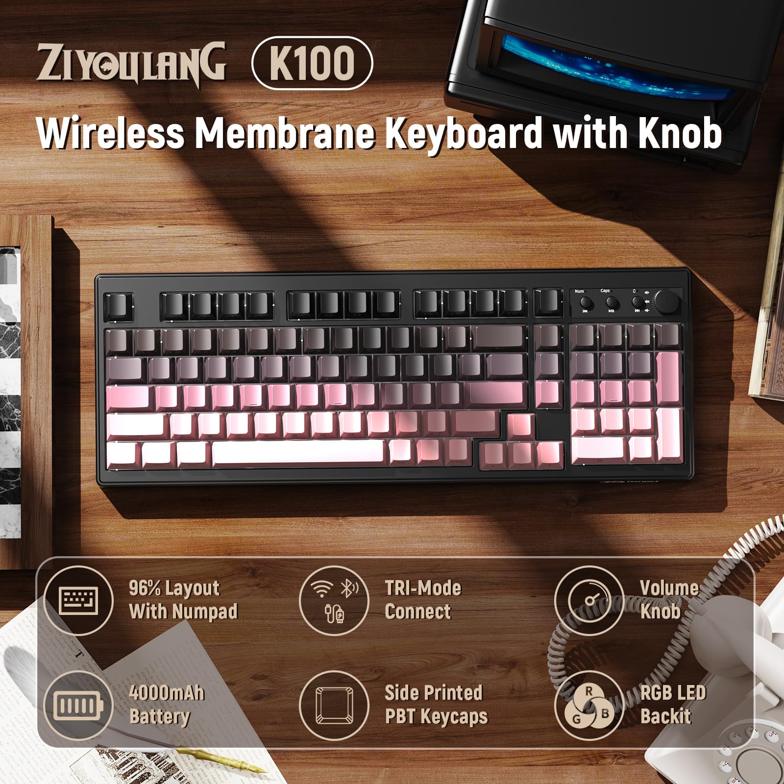 ZIYOU LANG K100 Tastiera Gaming Wireless, Tripla Modalità (BT/2.4G/Cavo) Tastiera a Membrana con Manopola, 102 Tasti PBT Gradiente, 4000mAh, RGB Backlit, Compatibile con PC/Mac e Altro -Mora