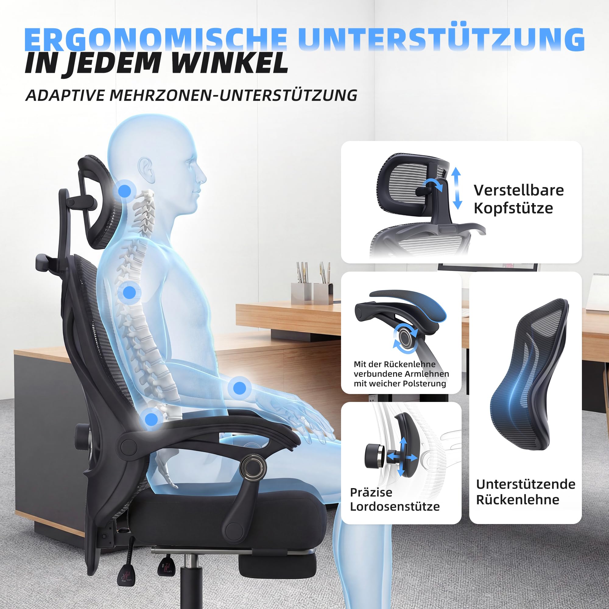 CYKOV Ergonomischer Bürostuhl mit Fußstütze, Büro Stuhl & Gaming Stuhl 150 kg+, 90-160° Verstellbare Rückenlehne, Verstellbare Lendenwirbelstütze und Kopfstütze, PC Stuhl & Drehstuhl für Home Office