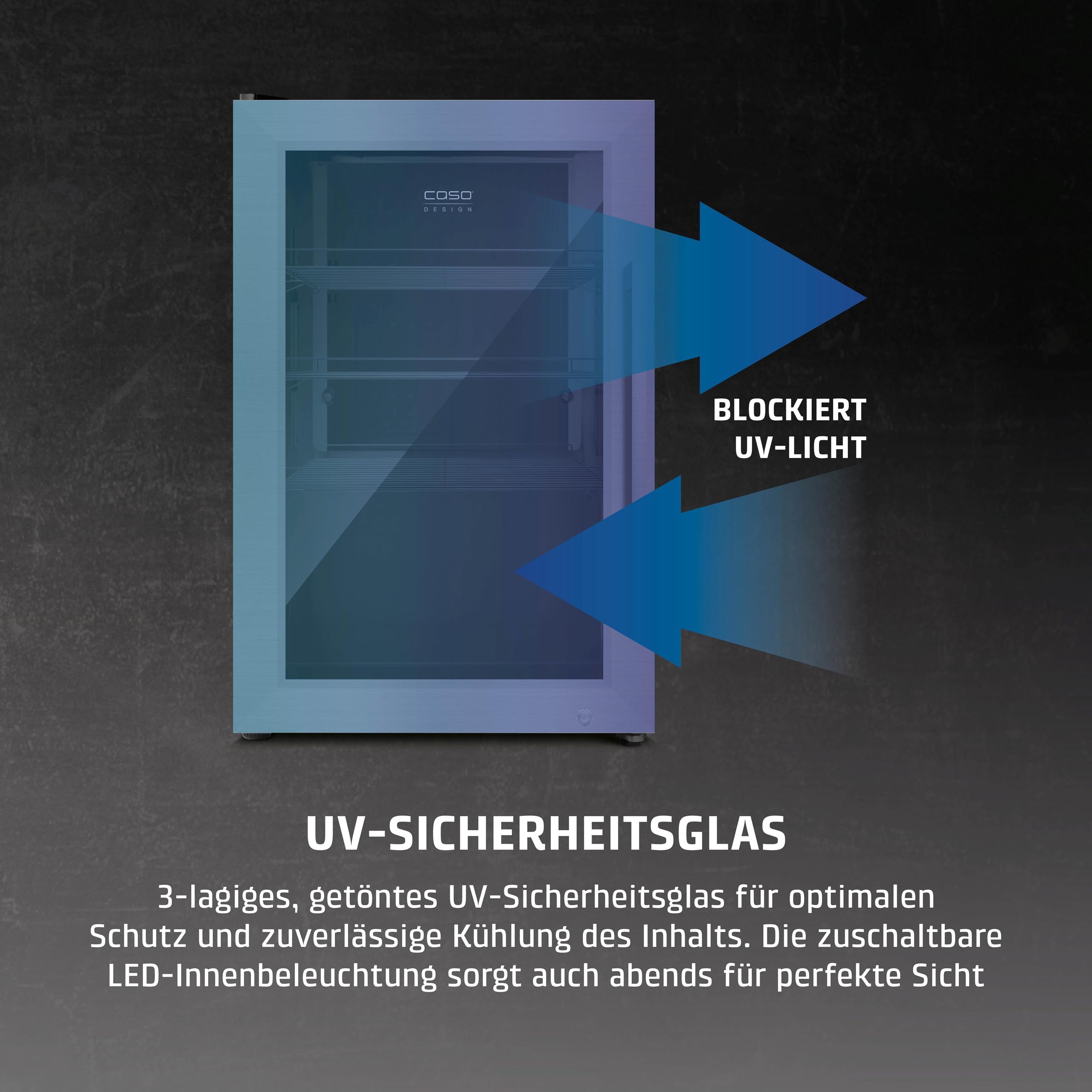 Caso BBQ Cooler S-L, Kühlschrank 63L, Türanschlag links, Temperatur -1-10°C, für Innen- und Außenbereich geeignet, IPX4/Spritzwasserschutz, Einbau geeignet, UV Sicherheistglas, abschließbar