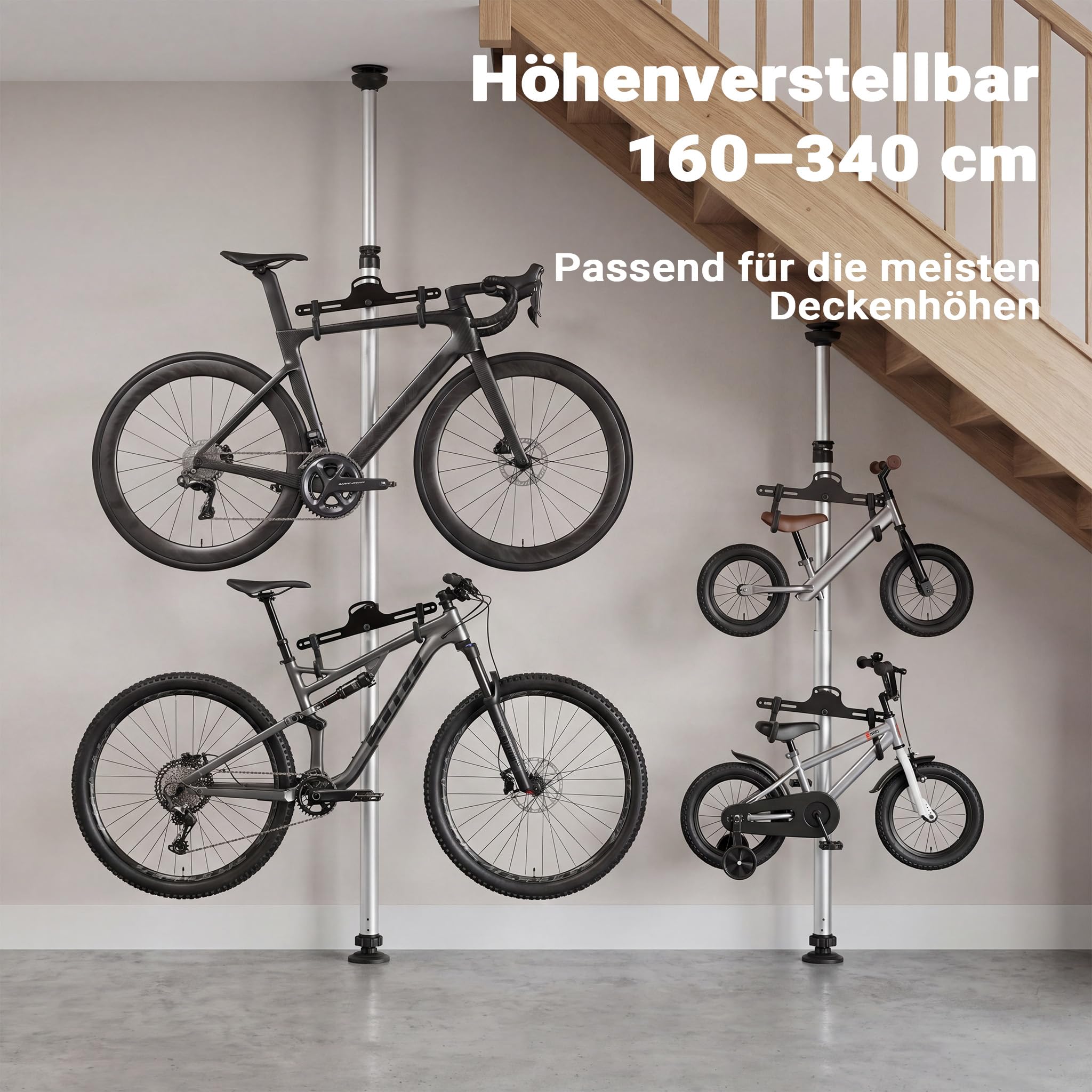 Wiltec Teleskop Fahrradhalter für 2 Räder je 20kg 160-340cm, Fahrradständer platzsparend, Hängesystem verstellbar mit 360° Haltearmen