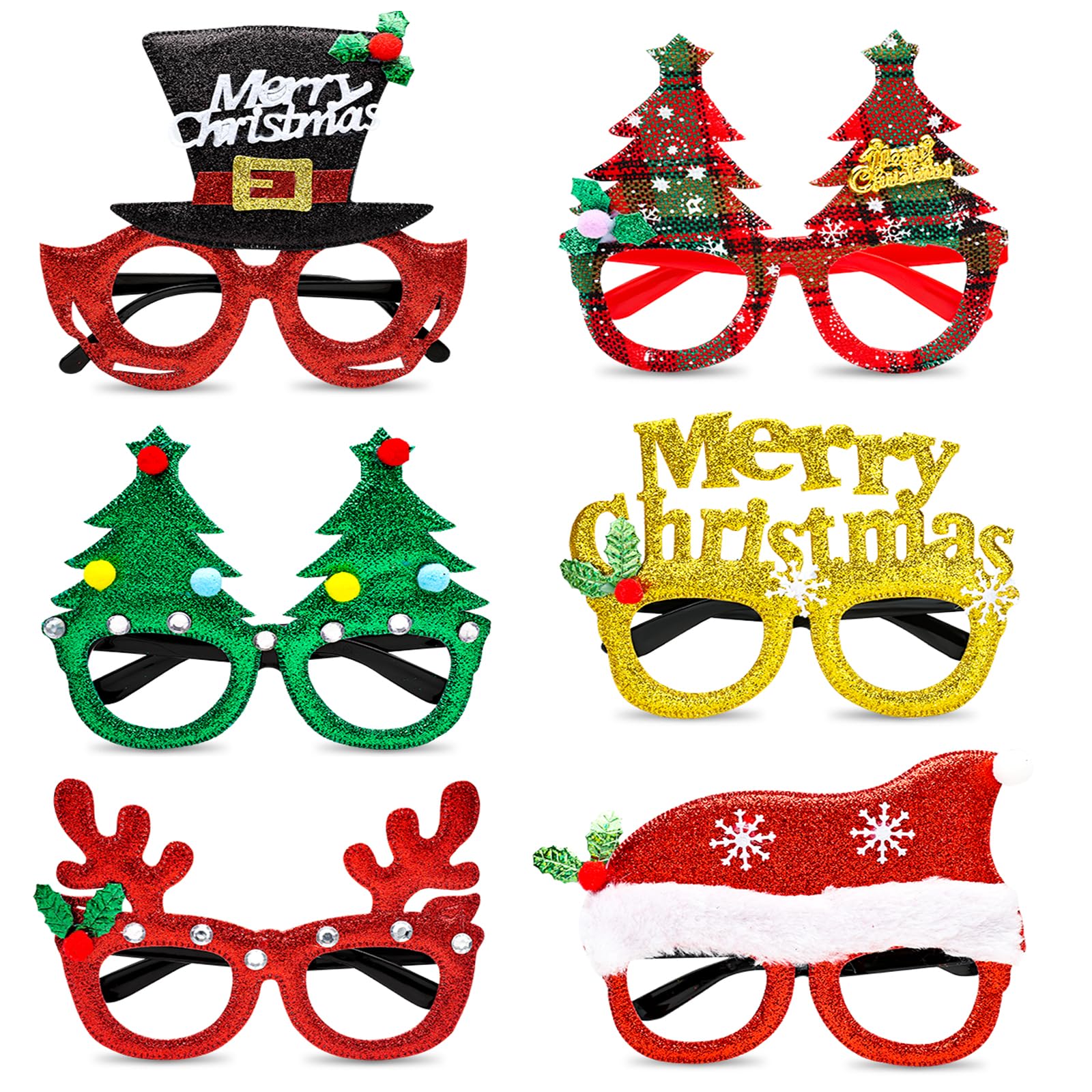 ZUIYIN 6 Pack Christmas Glasses Glitter Party Glasses Frames Christmas Decoration Eyeglasses for Christmas Parties New Year Favors Photo Booth
