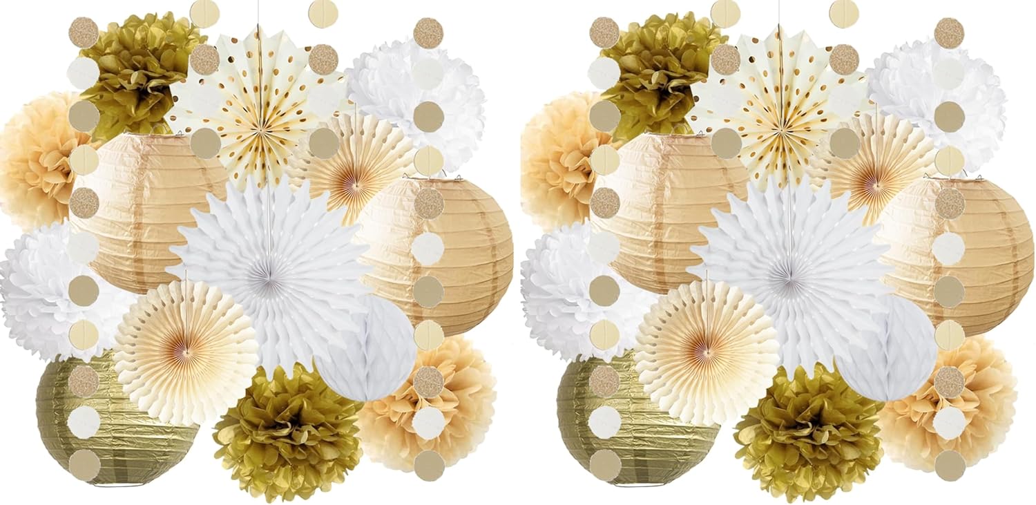 White Gold Party Decorations Tissue Pom Poms Paper Lanterns Hanging Paper Fan Honeycomb Christmas Wedding Engagement Bachelorette Neutral Birthday Baby Bridal Shower Decoration (Pack of 2)