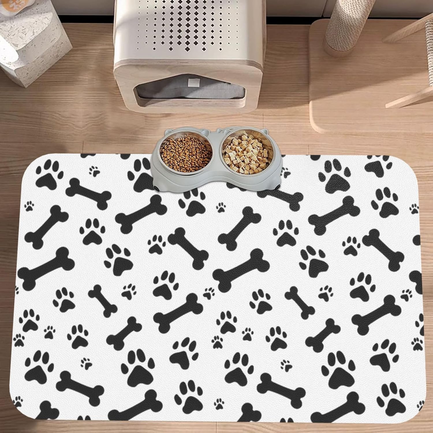 Dog Bones Pet Feeding Mat, Cute Absorbent Leather Food Mats, Dog Placemat with Non-Slip Rubber Base, Easy Clean Dog Cat Bowl Placemats for Food and Water (40x60cm)