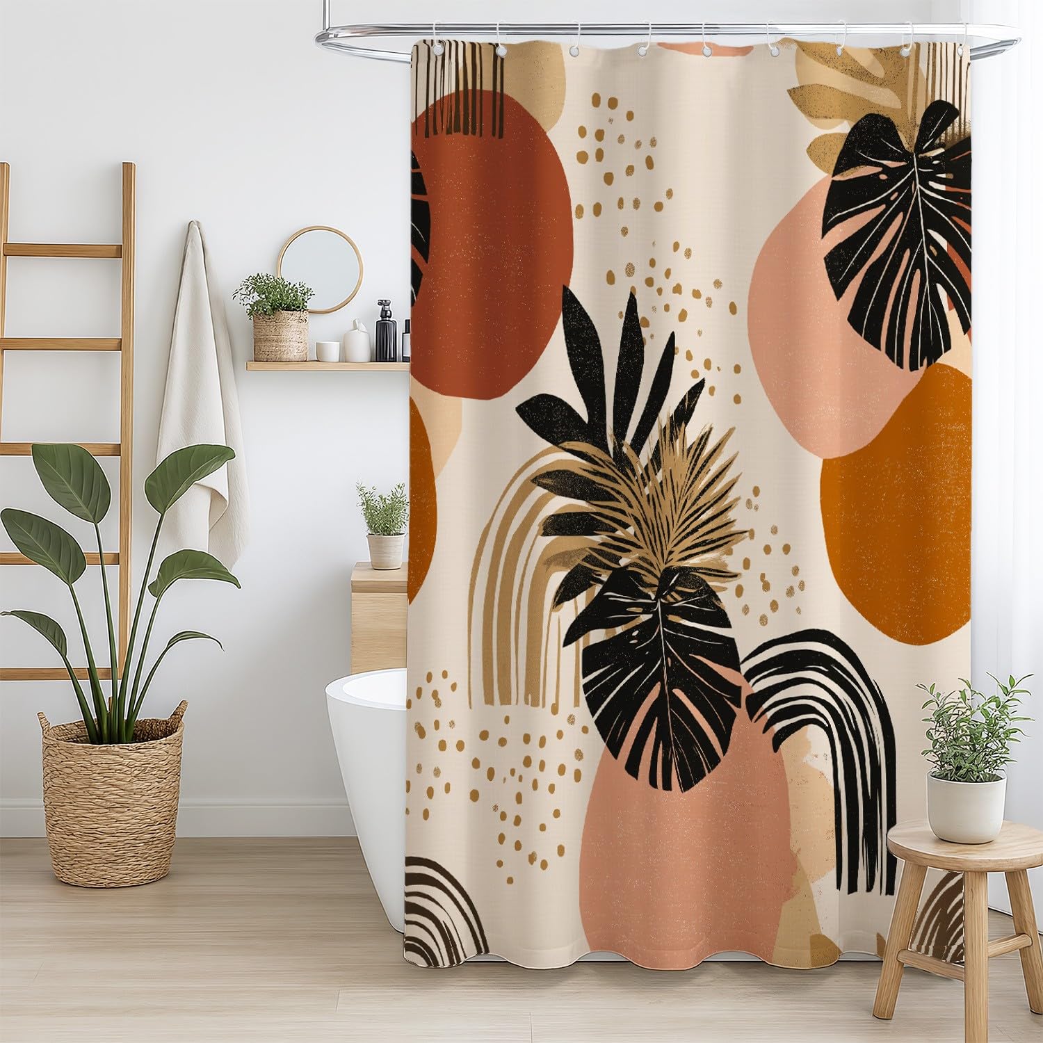 Genérico Zasłona prysznicowa 240 x 200 cm, 1 sztuka, miękka mikrofibra, wodoodporna i odporna na pleśń, zmywalna, do łazienki lub wanny, z oczkami i haczykami, brązowy, abstrakcyjny okrąg liść
