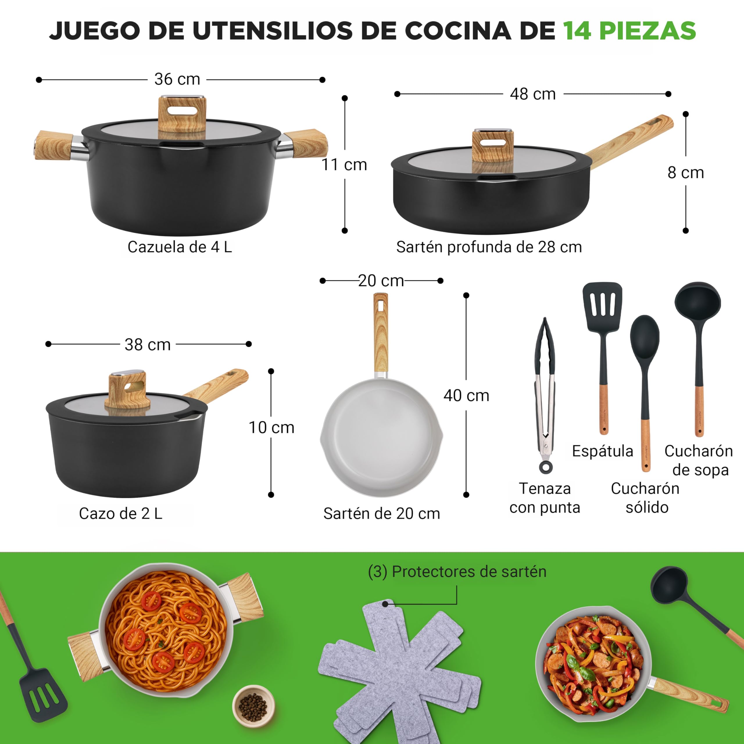 NutriChef Juego de Utensilios de Cocina de Cerámica Antiadherente 14 piezas, Ollas y Sartenes, para Inducción, Tapas de Vidrio, Asas de Toque Frío, Apto para Lavavajillas