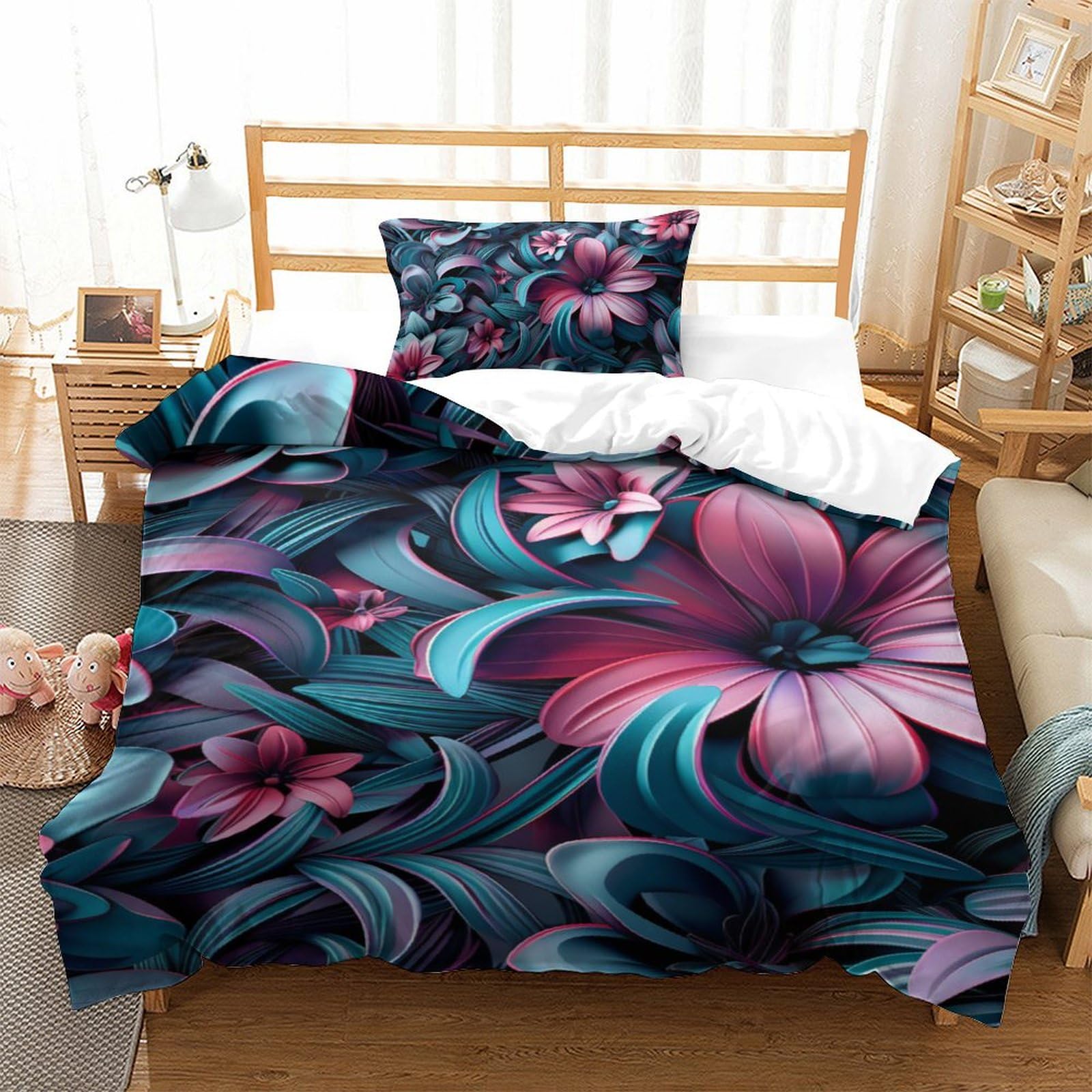 Housse de couette 135x200 fleurs 3D en microfibre avec taie d'oreiller pour lit single enfant ado