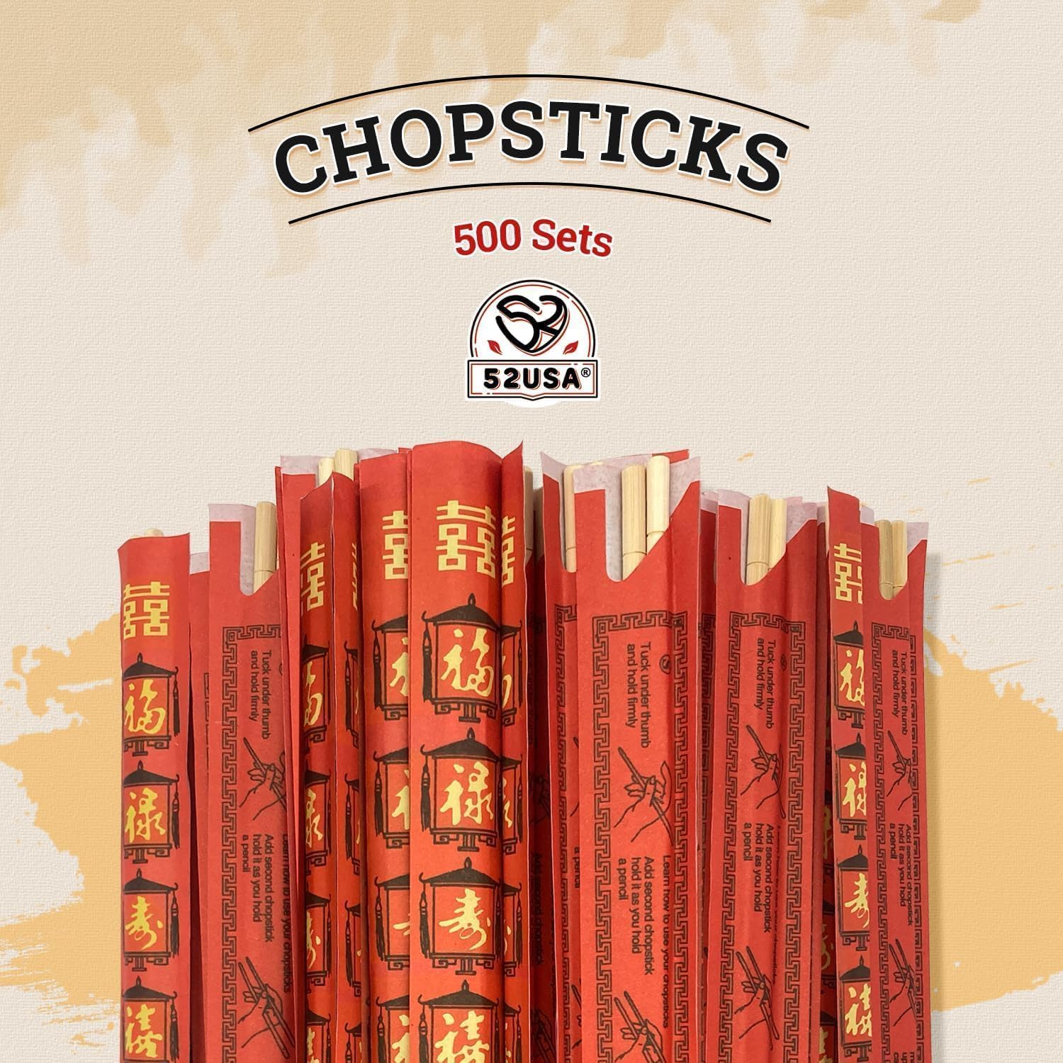 52USA Disposable Bamboo Chopsticks (500 Sets), Wooden Japanese Chopstick Bulk, 9'' Long Chopsticks Disposable, Individually Wrapped Chinese Chopstick