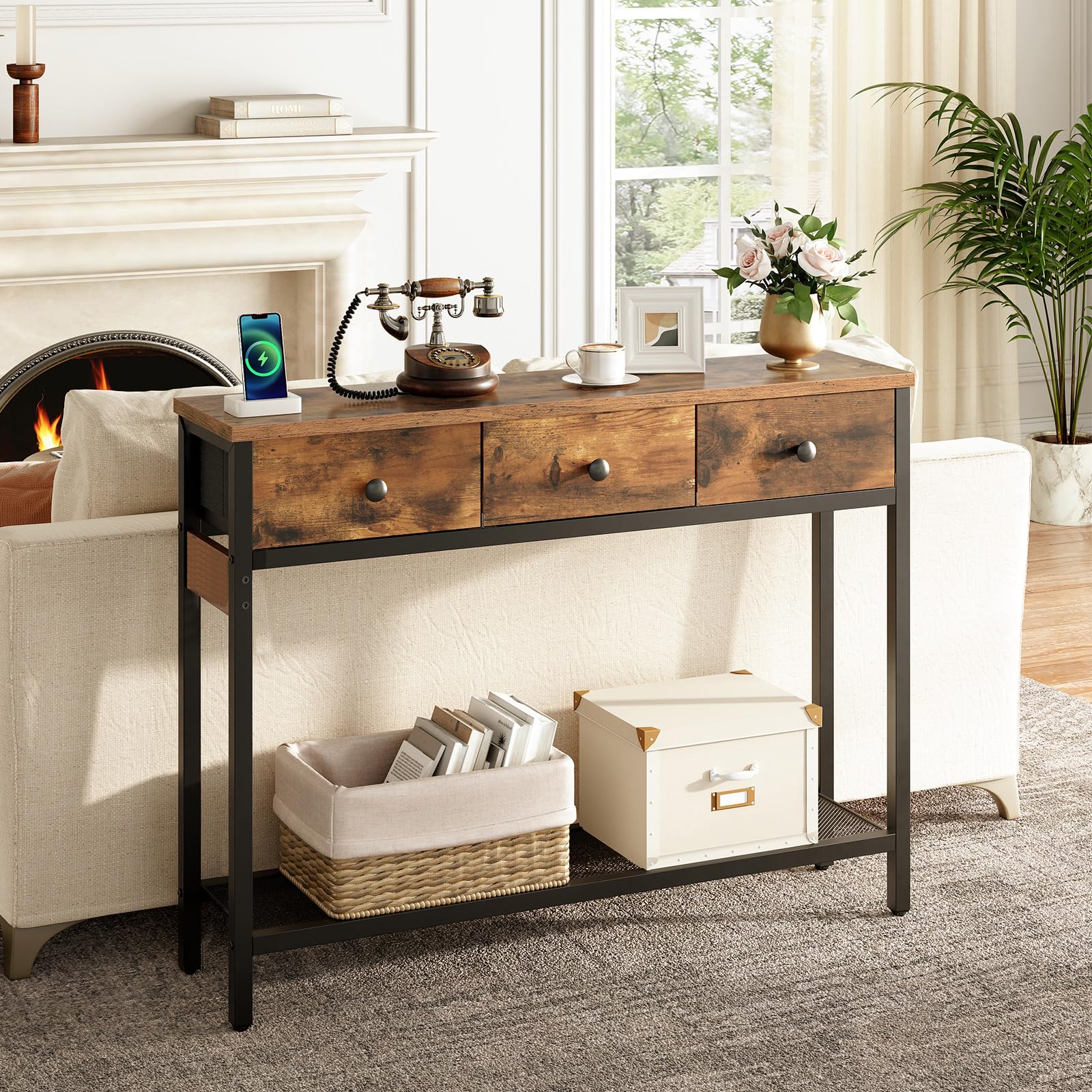 HOOBRO Mesa de Consola Estrecha con 3 Cajones, Mesa Auxiliar, Mueble Industrial para Sofá, con Estante de Almacenamiento, para Pasillo, Dormitorio y Recibidor, Marrón Rústico y Negro EBF83XG01