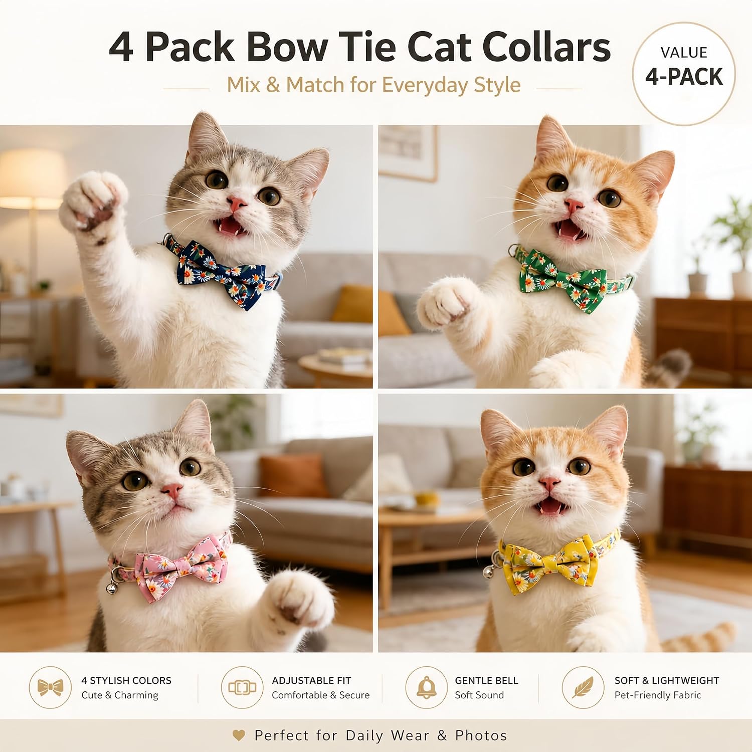 4 Pack Cat Bow Tie Collars with Bell, Adjustable for Cats&Small Dogs image 2