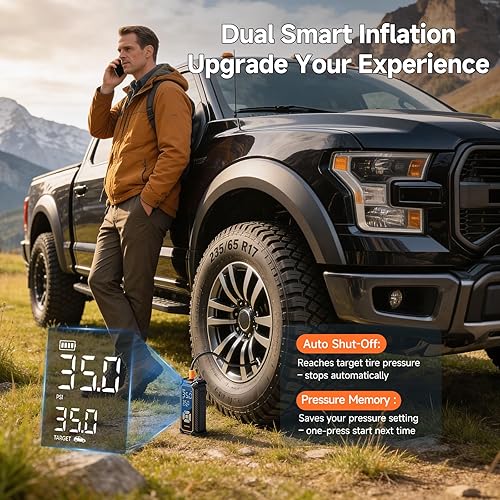 Miniatura 7 de OlarHike Inflador de neumáticos inalámbrico, compresor de aire portátil, 150 PSI de doble potencia, 6000 mAh y 12 V CC, bomba de aire para