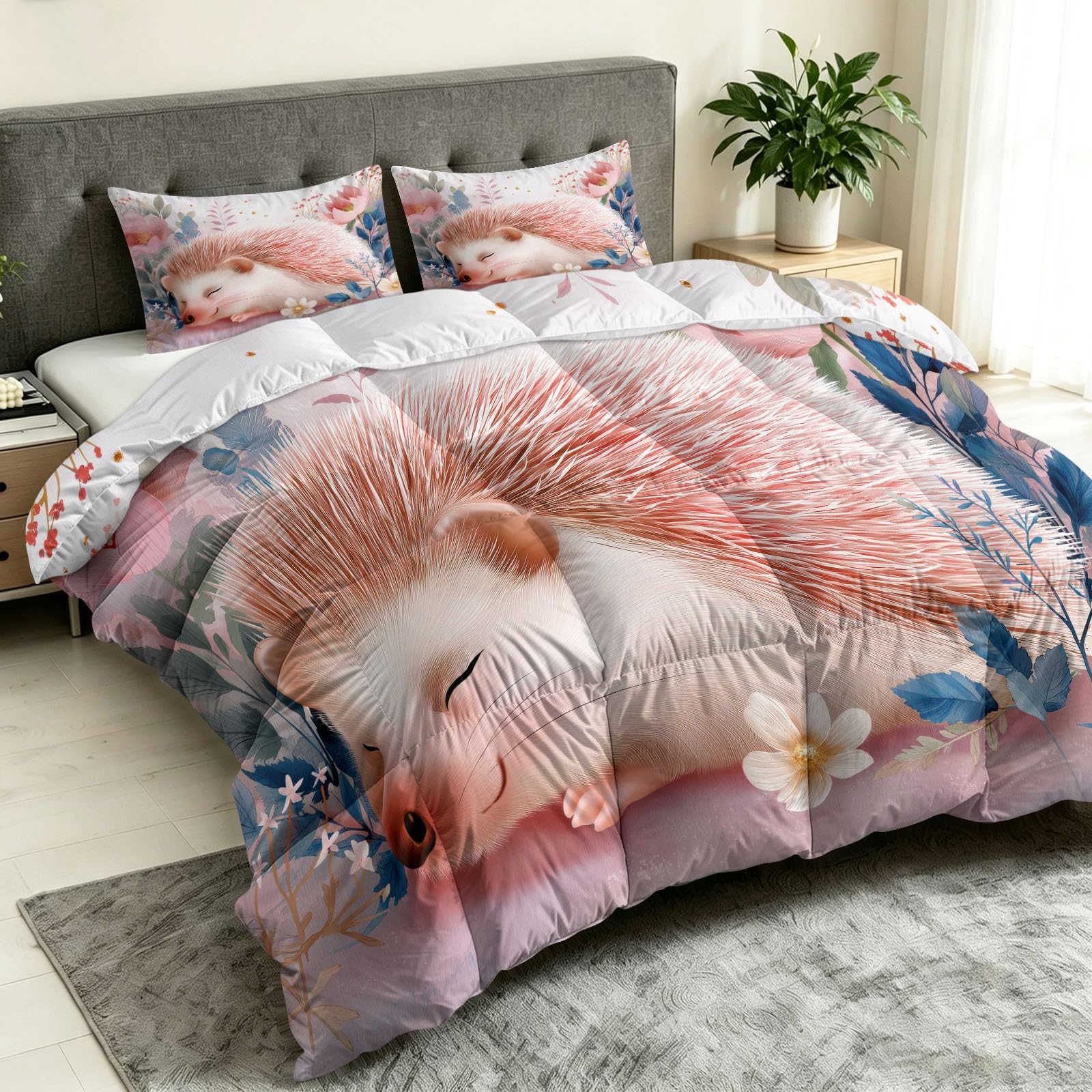 Bettdecke ohne Bezug 135x200 cm Beige Valentinstag Patchwork Muster Antiallergisch Leichtsteppbett & Ganzjahresdecke - Waschbar mit 2 Kissenbezügen Igel Wiese Blumen Weiche und Atmungsaktive Wende