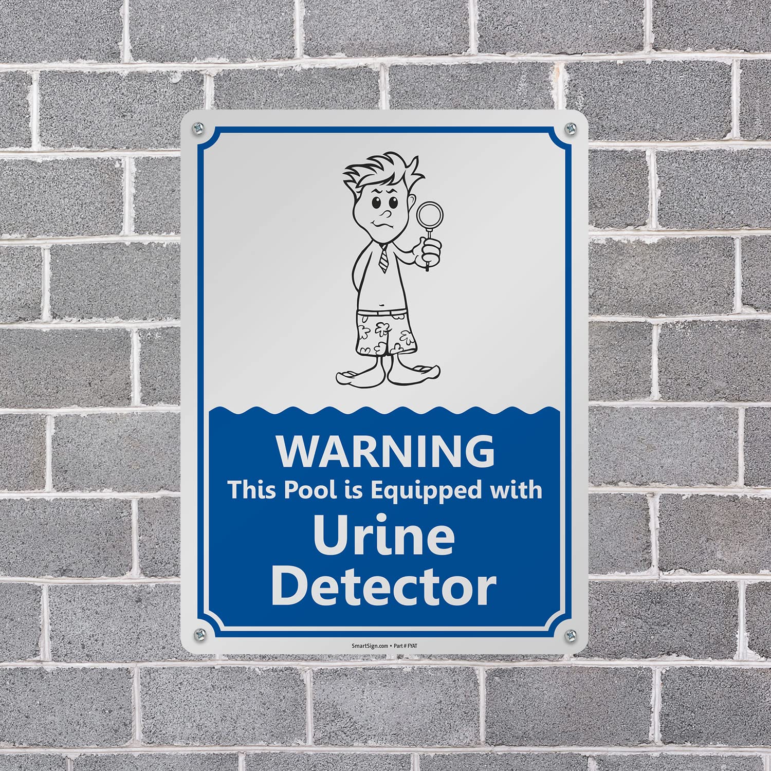 SmartSign 24 x 18 inch “Warning - This Pool is Equipped with Urine Detector” Funny Pool Metal Sign, 80 mil Laminated Rustproof Aluminum, Blue, Black and White