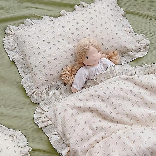 Miniatura 6 de BuLuTu Funda de almohada de muselina de algodón para niños pequeños, diseño de brotes, funda de almohada Shabby Chic con borde de volantes, funda de