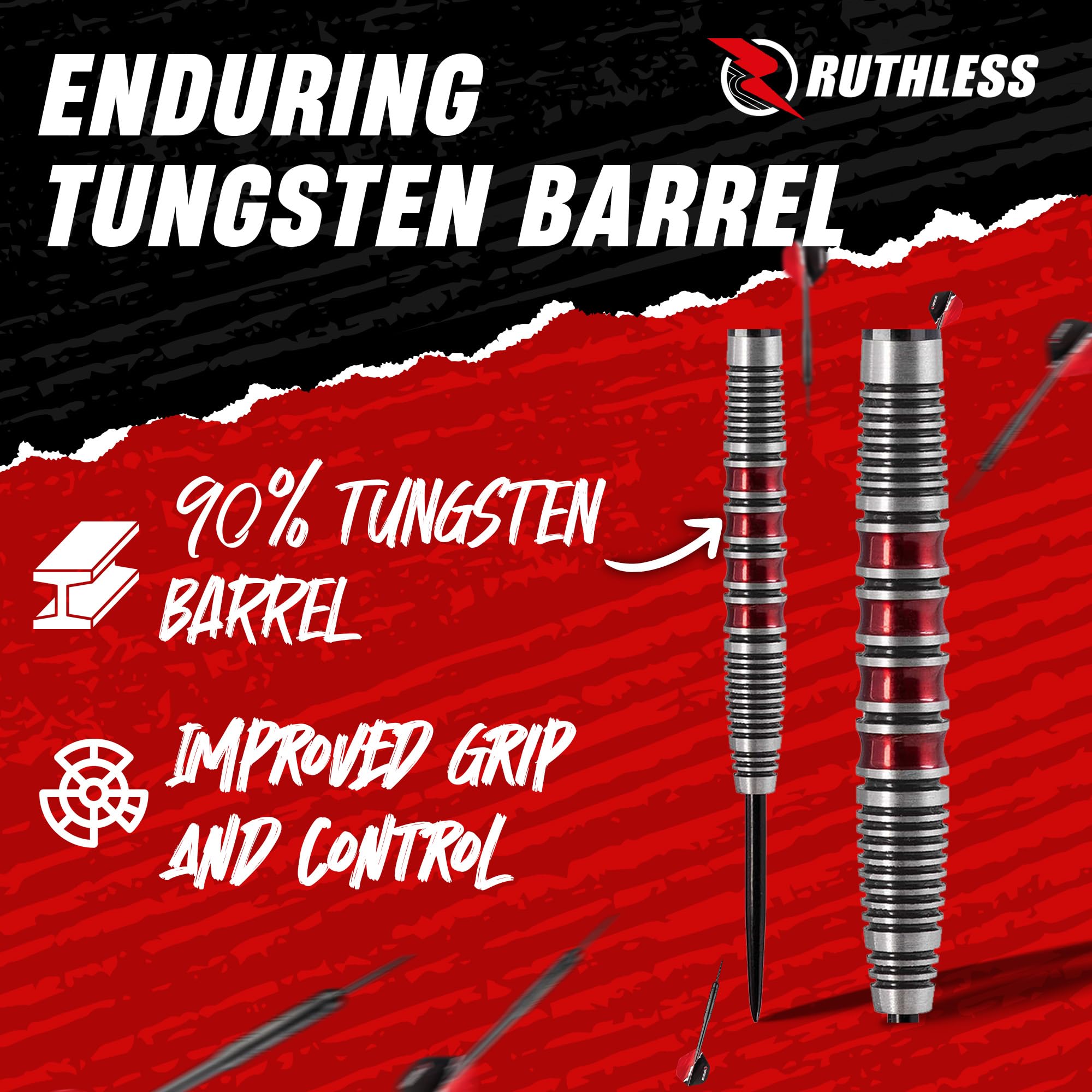 RUTHLESS Red Falcon Jeu de fléchettes professionnelles en tungstène avec ailettes et tiges 22 g et 24 g