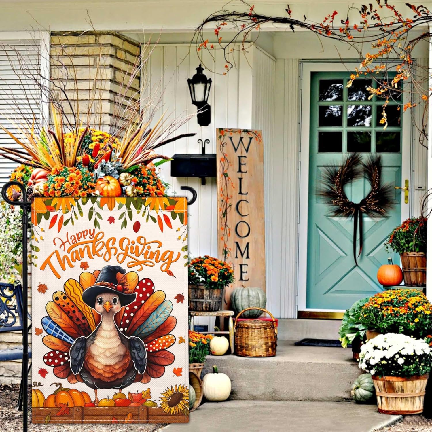 Fall Thanksgiving Turkey Yard Garden Flags for Outside 12×18 Inch Double Sided 3Ply Polyester Autumn Give Thanks Fall Thanksgiving Pumpkin Garden Flag Outdoor House Decorations - Image 2