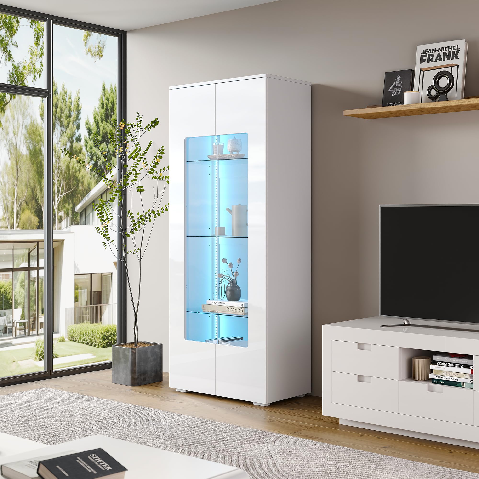 Vitrina blanca brillante para salón, 70 x 40 x 173 cm, con LED y 2 puertas acrílicas