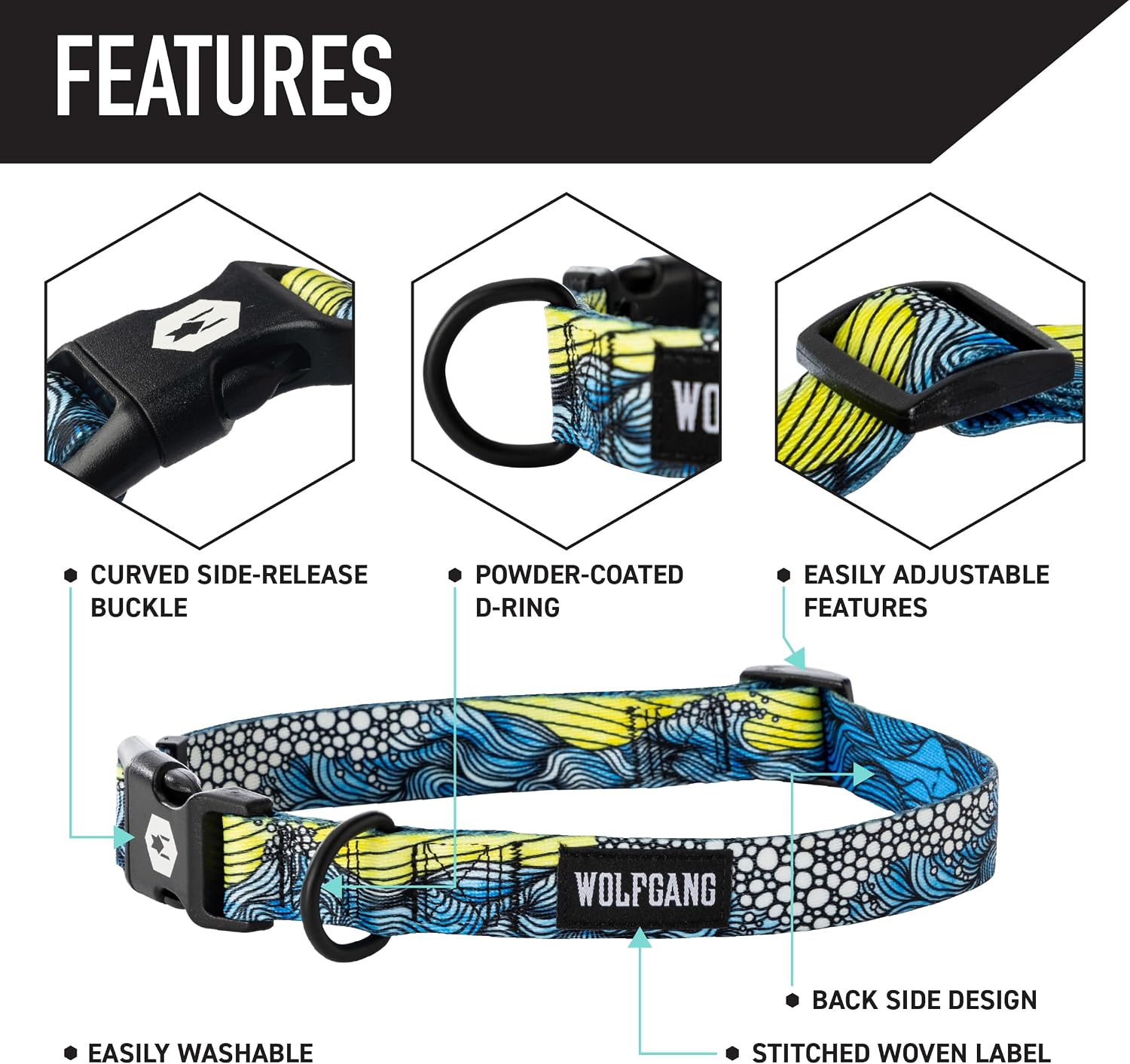 Wolfgang Heavy Duty, Adjustable Dog Collar with Quick Release Nylon Buckle for Walking & Training, DawnPatrol Print, Medium image 3