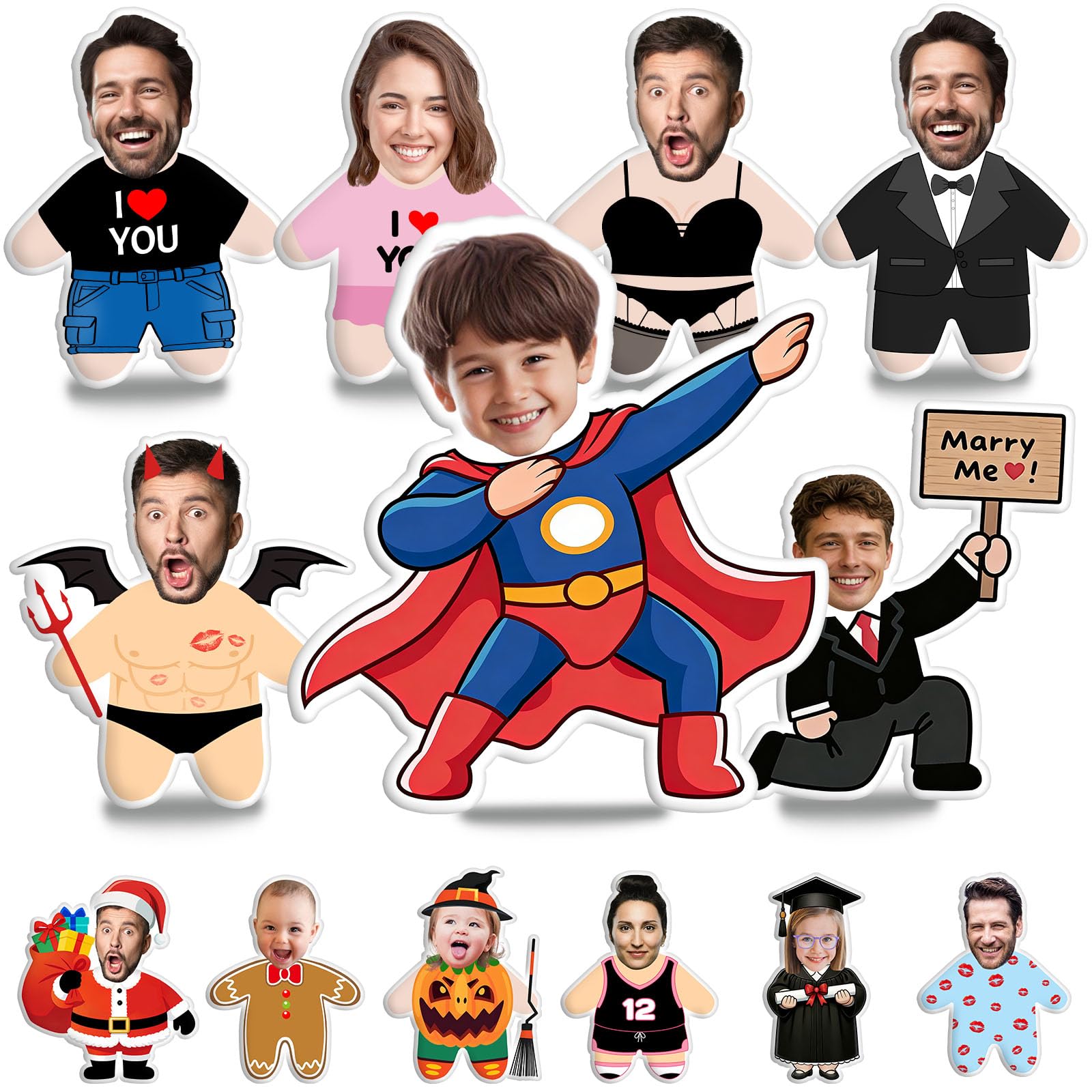 Custom Face Pillow with Body Double Side Personalised Plush with Custom Face Photo 3D Funny Stuffed Pillow for Home Sofa Decor Valentines Gifts for Boyfried Girlfriend