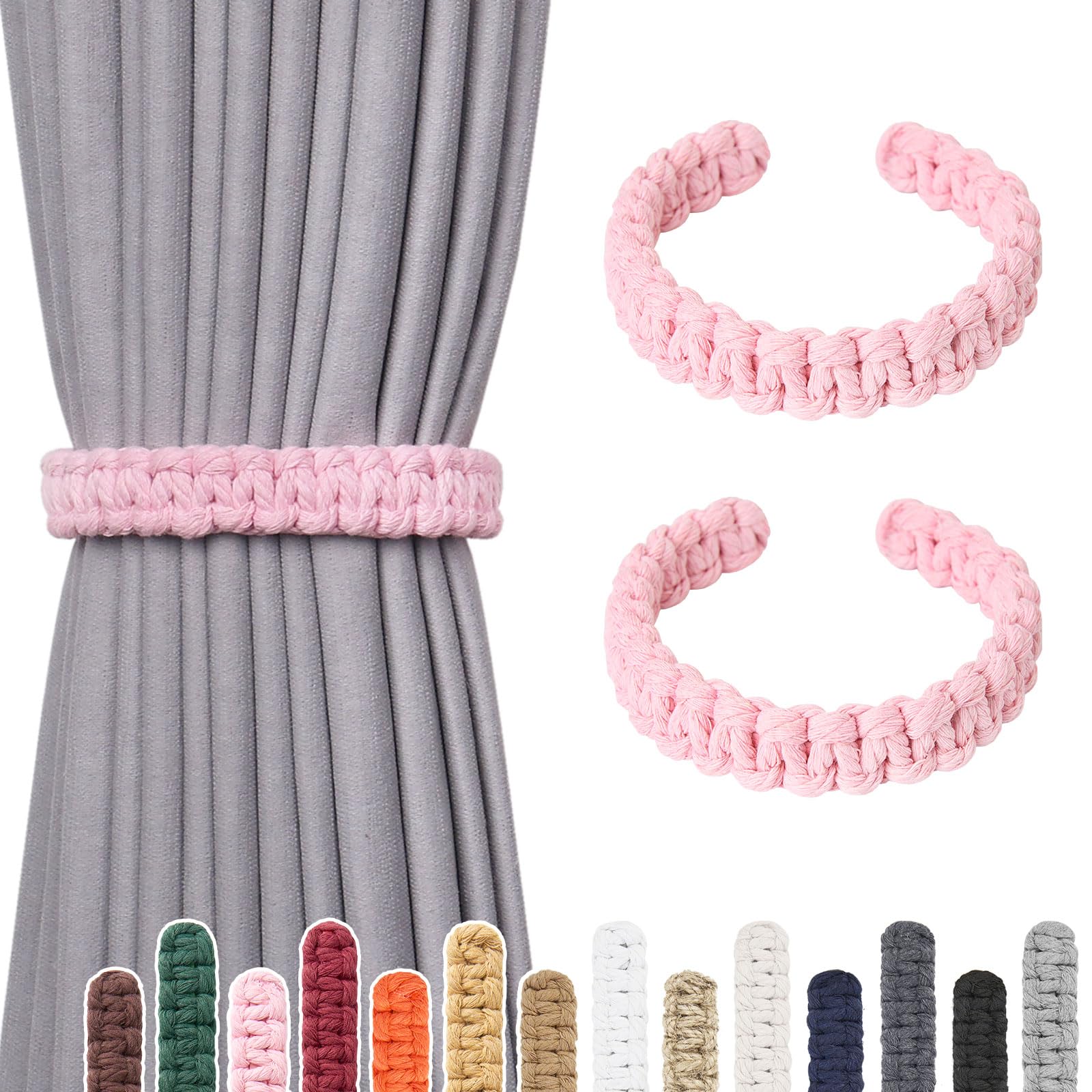 Pretty Jolly 2 Pack Natural Cotton Rope Curtain Tiebacks Farmhouse Rustic Style Decorative Drape Tie Backs Handmade Braided Curtain Holdbacks for Home Sheer/Light Weight Drapery (C-Pink-L)