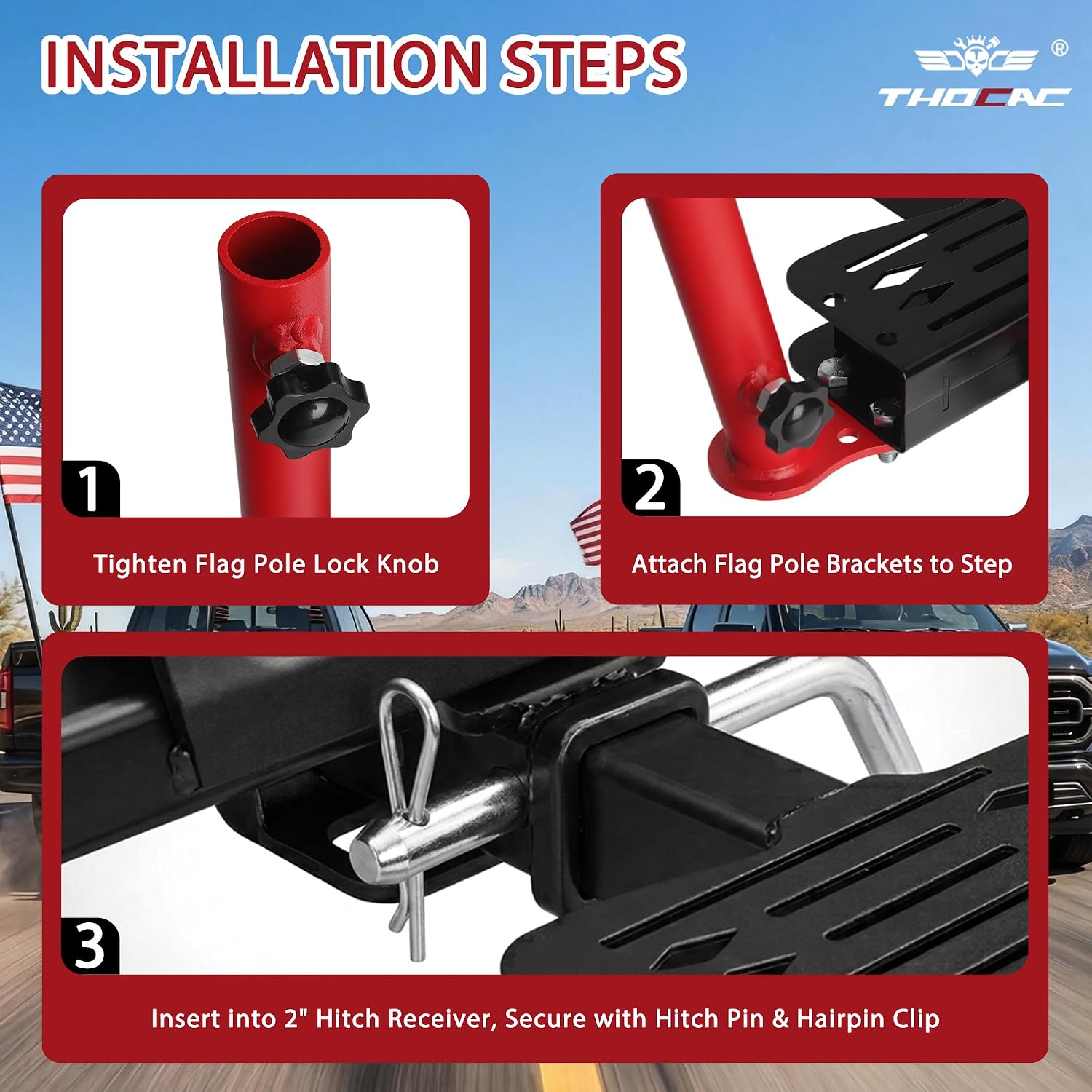 Hitch Step for 2 Inch Receiver, Dual Adjustable Detachable Flag Pole Holders for Parades Tailgating, Off Road Convoys and Camping Trips, Compatible with Pickup Trucks SUVs ATVs Camper (Red)