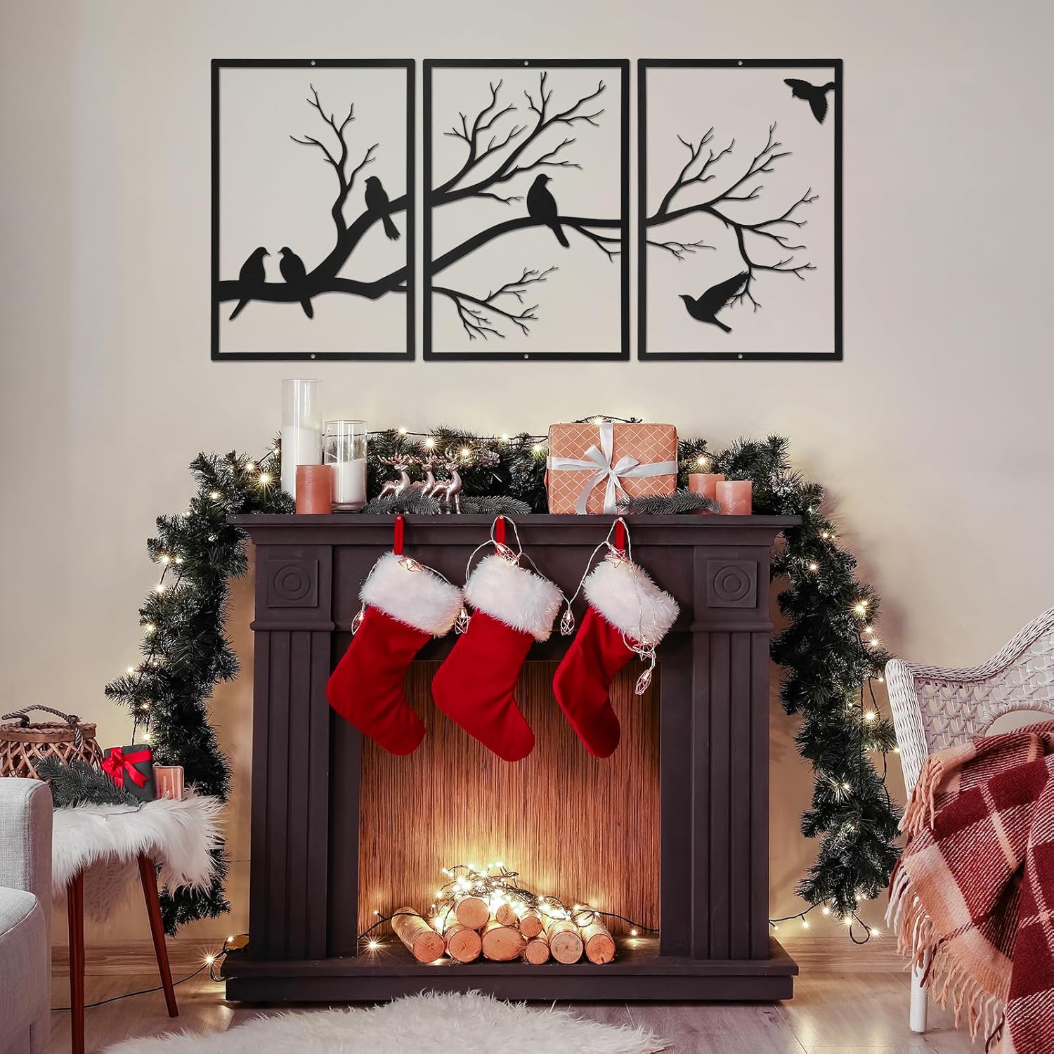 Sanwarm 3 Pieces Metal Bird Modern Wall Decor, Black Leaves Wall Art Decors Vivid Birds on Branch Silhouette Minimalist Hanging Decoration for Home Bathroom Living Room Bedroom Garden Office Gifts