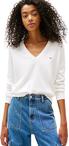 Tommy Jeans Jersey Mujer Essential con Cuello de Pico, Blanco (Ecru), 6XL