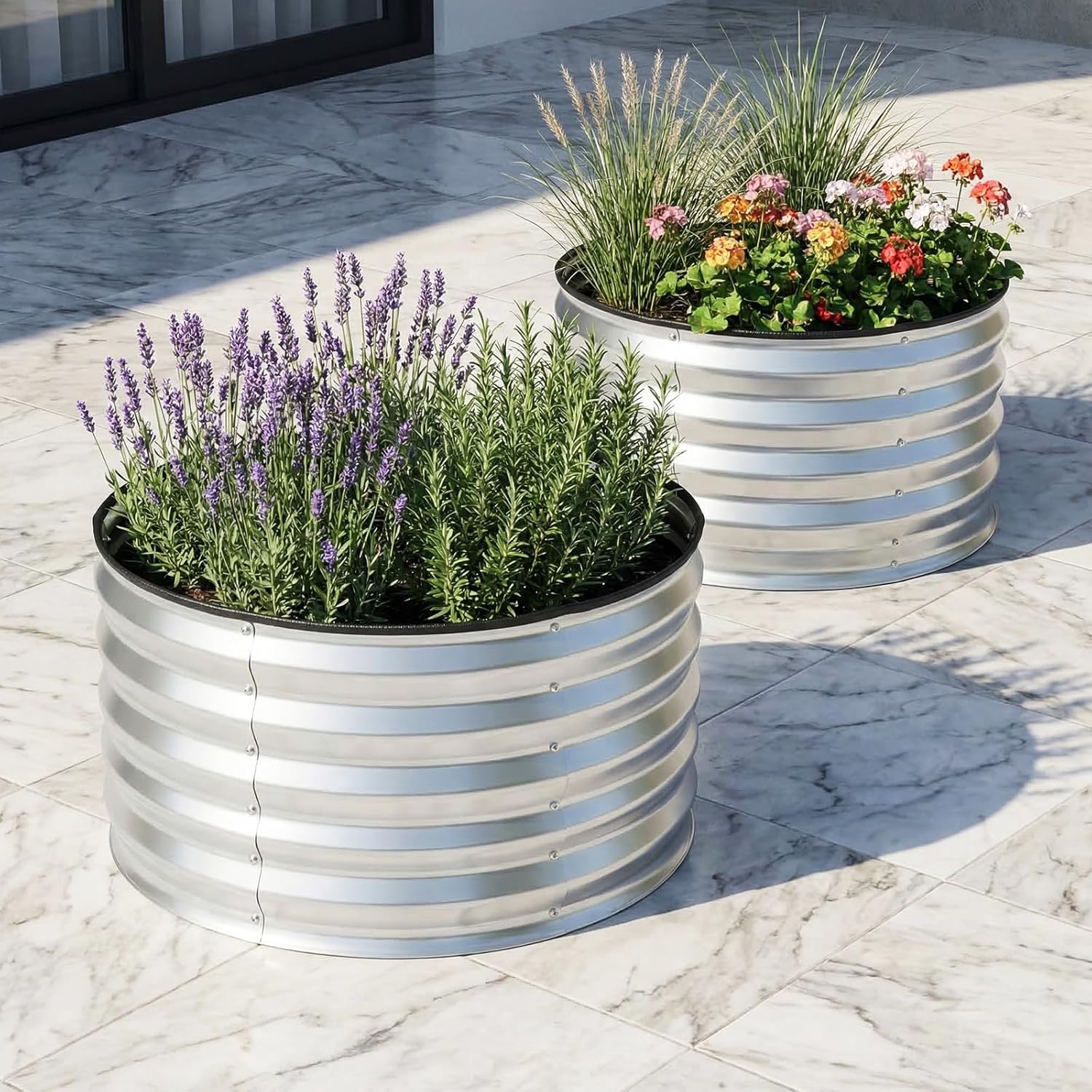 Giantex 2 Pack Galvanized Raised Garden Bed Kit, 2x2x1 FT Round Large Metal Planter Boxes w/Open-Ended Base for Vegetables Flowers Fruits Herbs, Easy Assembly, Outdoor Corrugated Raised Beds, Silver