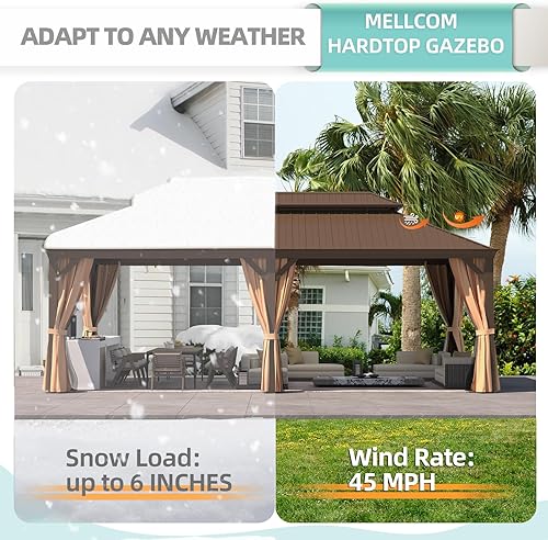 Miniatura 8 de MELLCOM Gazebo de aluminio de doble techo de acero galvanizado de 12 x 22 pies, con cortina y red, cenador permanente marrón con marco de aluminio