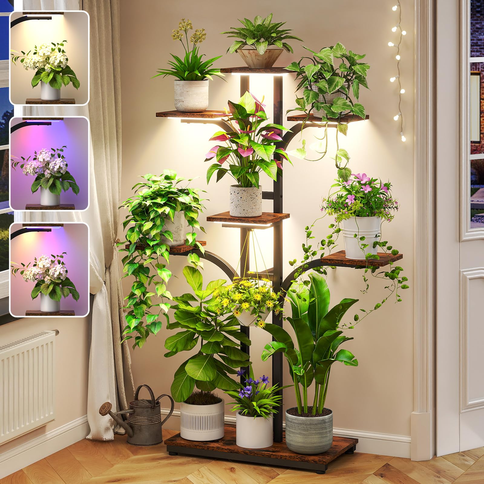 Plant Stand Indoor with Grow Lights, 53.7" Tall Plant Shelf, 7 Tiered Corner Plant Shelves for Indoor Plants Multiple, Large Flower Display Holder, Tree-Shaped Plant Rack for Home, Living Room, Patio