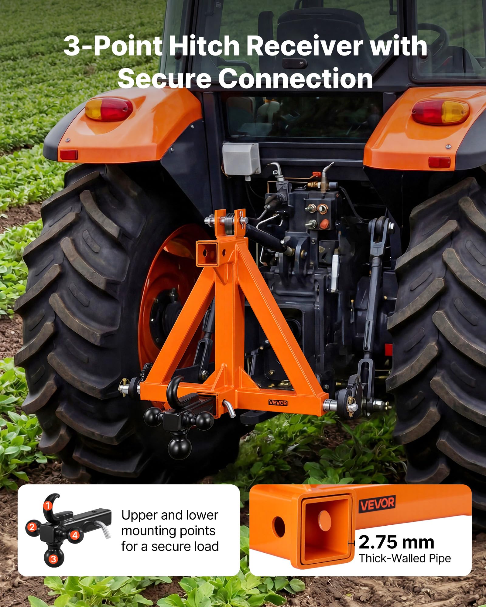 VEVOR Enganche de Remolque de 3 Puntos, Boca de 508 mm, Adaptador de Acoplamiento con Gancho y Bolas de Remolque, para Tractores de Categoría 1 Kubota Mahindra Ford Yanmar John Deere Massey Ferguson