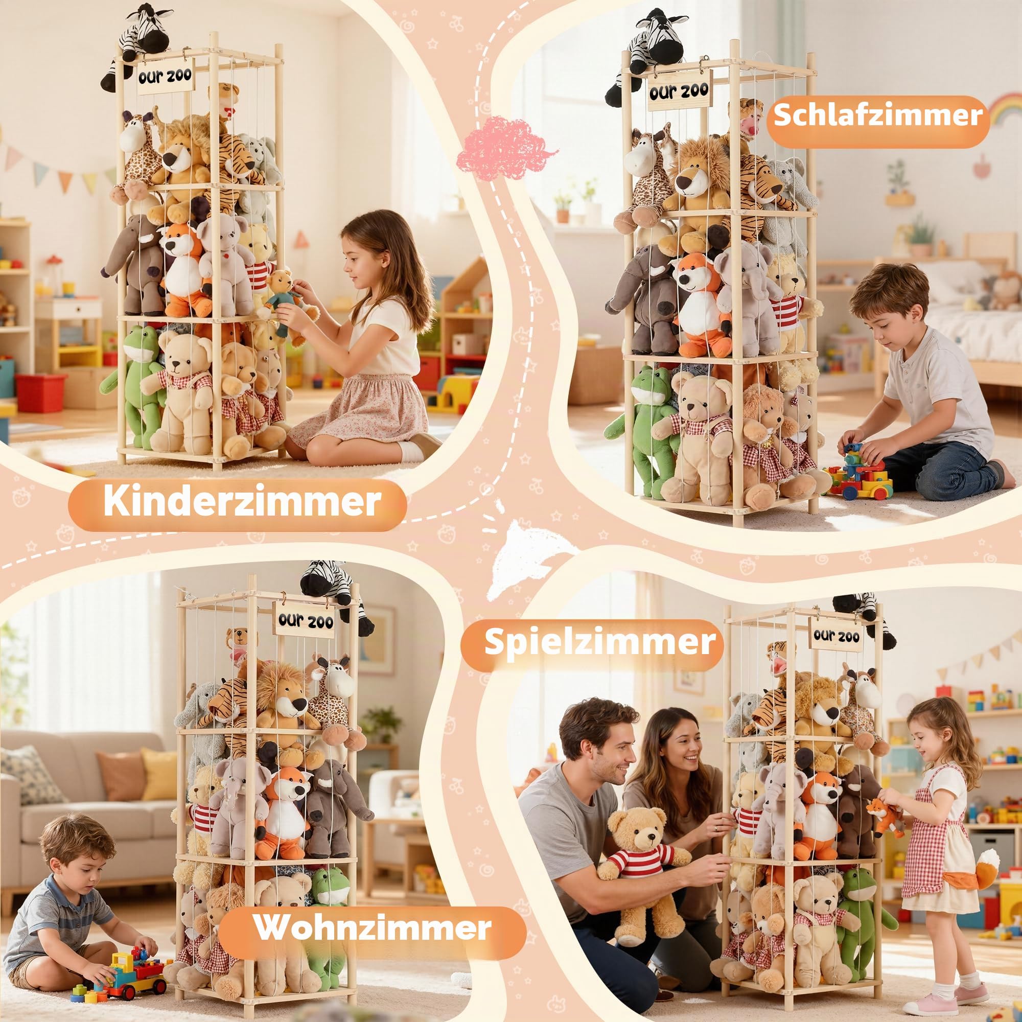 LAMU Kuscheltier Aufbewahrung, Stofftier Plüschtier Aufbewahrung aus Holz mit Elastischen Kordeln, Spielzeug Organizer Extra Große Kapazität für Babyzimmer Wohnzimmer Schlafzimmer, W 39.5cm, 3 Tier