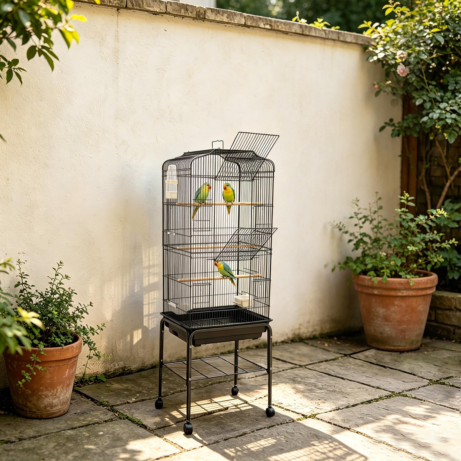 Grande gabbia per uccelli, 47 x 37 x 137,5 cm, con supporto e 4 ruote (2 con freno), gabbia per pappagalli con 4 ciotole, per pappagalli, pappagalli, canarini, fringuelli