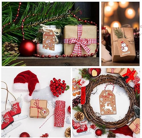 Miniatura 6 de Paquete de 100 etiquetas de regalo de papel kraft de Navidad, etiquetas de papel kraft marrón navideño, etiquetas colgantes de Navidad con cuerda de