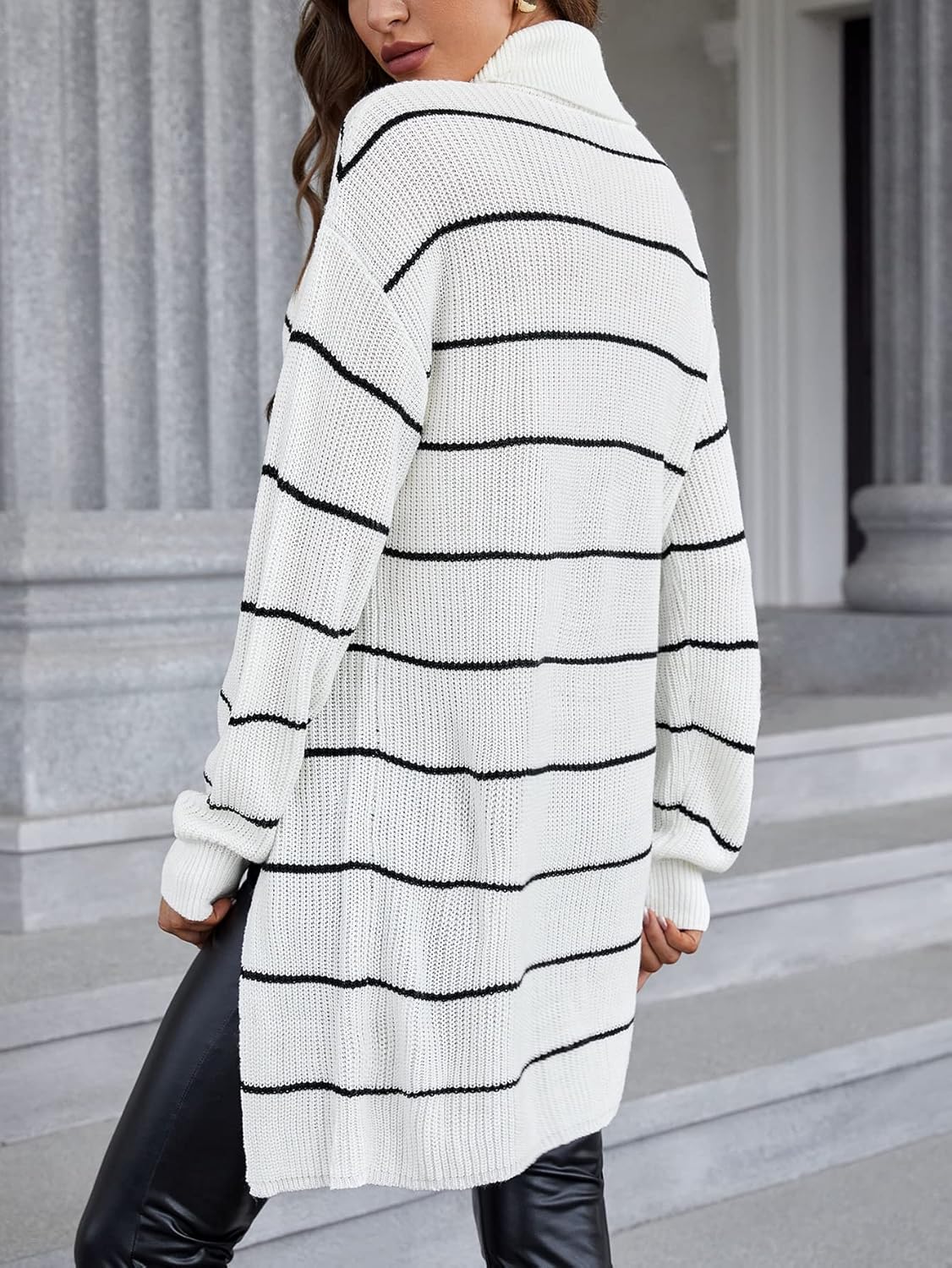 Women's Sweater Striped Pattern Turtleneck Drop Shoulder Split Hem Sweater Sweater for Women (Color : White, Size : Medium)