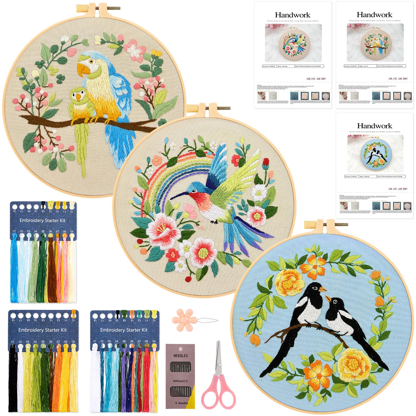 Kit Broderie Débutants Adultes - 3 Motifs Fleurs Et Oiseaux - Avec Cercle, Aiguilles Et Fils