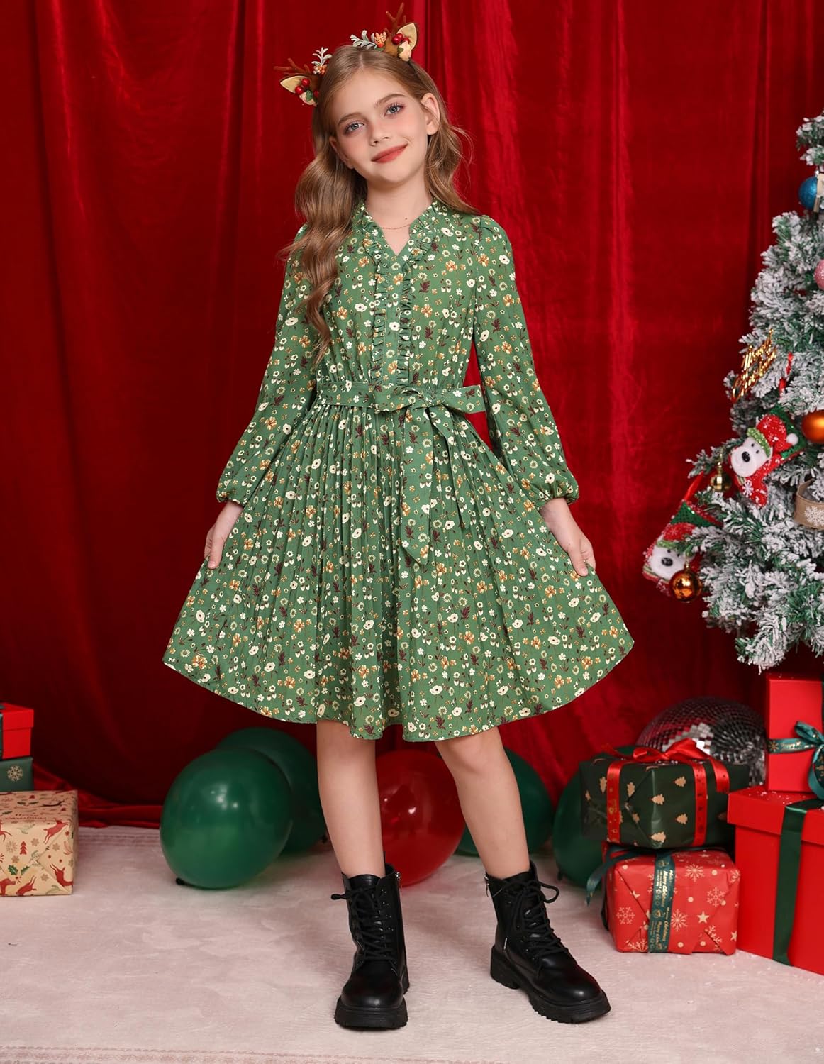 GRACE KARIN Girls Long Sleeve Fall Dress Floral Pleated Casual Holiday Party Teen Flower Dresses Size 6-14Y - Image 2