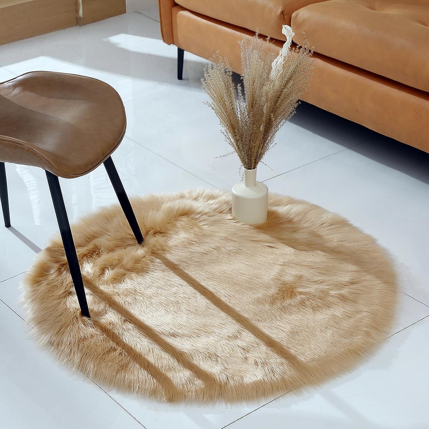 linmopm Faux Fur Rug Sheepskin Shag Fluffy Fuzzy Beige 3x3 ft Rugs for Bedroom Bedside Bed Floor Living Room Plush Round High-Density Cushion Carpet Super Sofa Cover