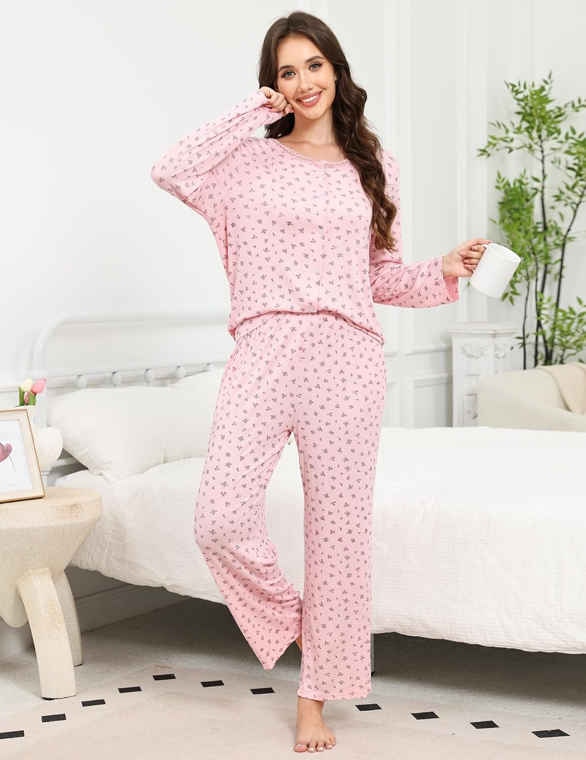 Cotton Pajamas for Women Set Floral Print Long Sleeve Pajamas Set with Pants Soft Pjs Lounge Set with Pockets - Image 7