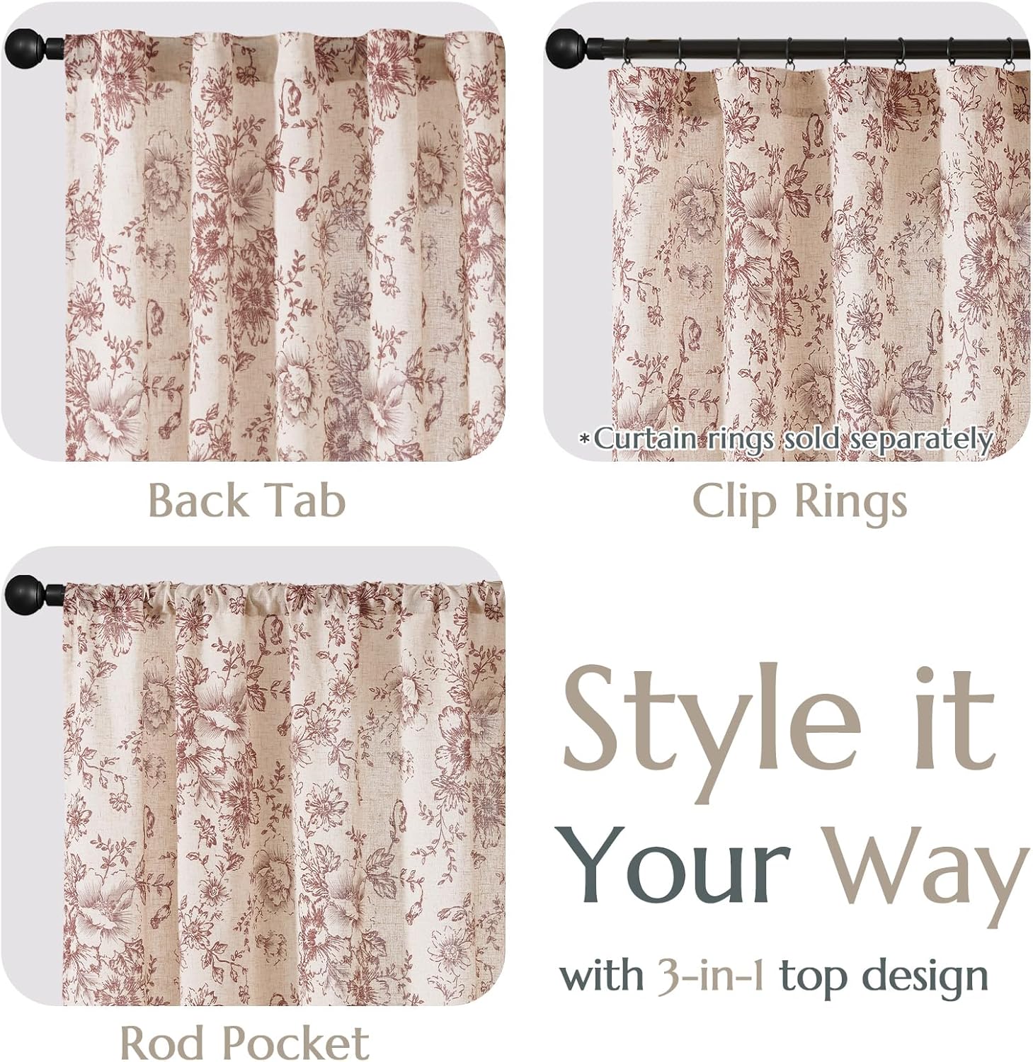 Topick Linen Blend Floral Curtains for Living Room 63 Inch Length Red Printed Rod Pocket Cottage Core Back Tab Farmhouse Peony Patterned Drapes Bedroom Window Treatment 2 Panel Set