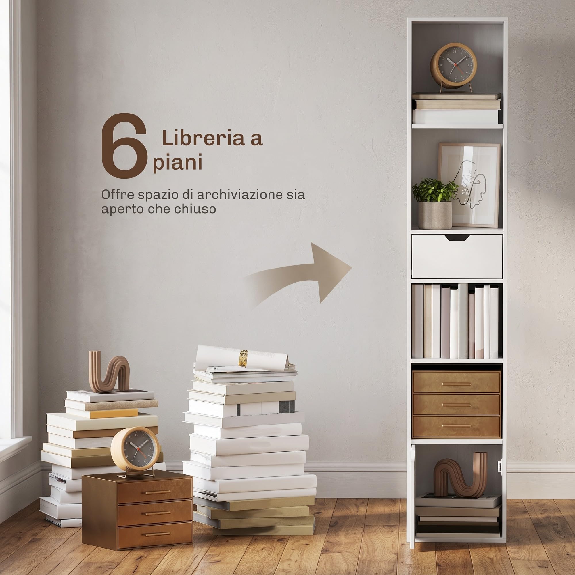 HOMCOM Libreria Scaffale a 6 Livelli con Armadietto 30x24x158 cm Bianco | Libreria Verticale Salvaspazio, Ripiano Regolabile, Cassetto, Soggiorno, Camera da Letto, Ufficio, Studio