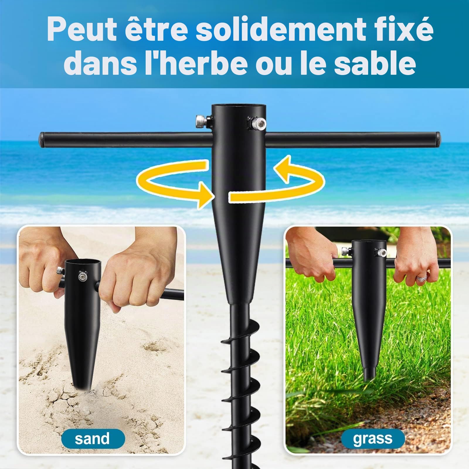 Lot de 2 piquets d'ancrage au sol pour parasol de plage avec base en spirale en métal Noir 43 cm | Ancrage au sol réglable pour poteaux de parasol de 2,5 à 5,5 cm, convient pour le jardin, la plage, la pelouse et la terrasse