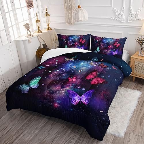 Miniatura 100 de Black Blue Butterfly Comforter Set for Girls Women,Boho Butterfly Sun and Moon Mandala Printed Bedding Set with 2 Pillowcases(Black Blue Twin)