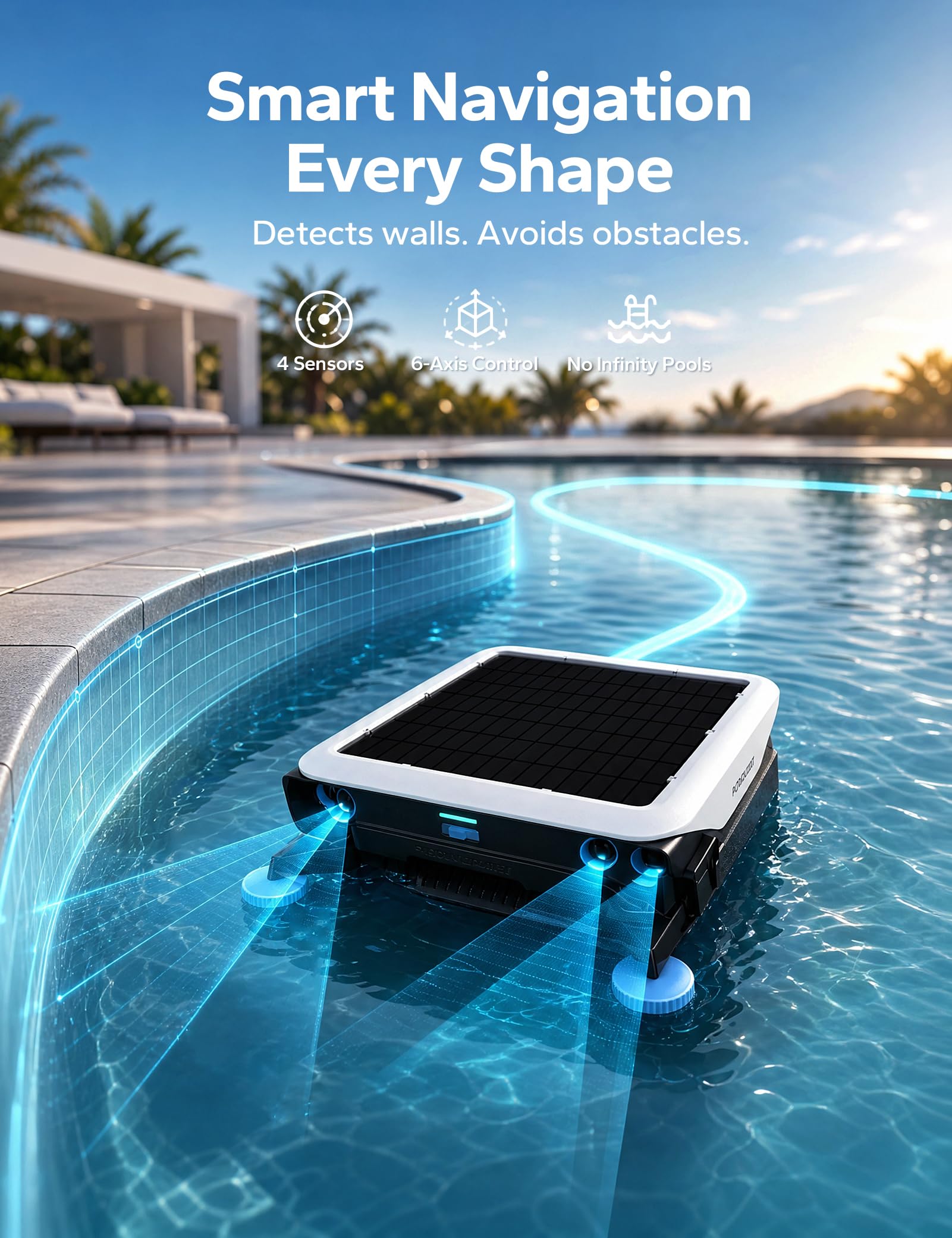 POOLHACKER Robot d'écumoire solaire de piscine, nettoyage continu 24h/24, 7j/7, double modes de charge, évitement intelligent des obstacles, panier extra large de 9 L, filtre à maille fine de 150 μm