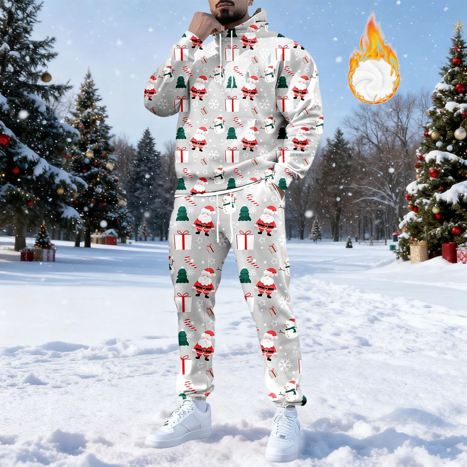 Generisch Tuta natalizia da uomo, per jogging, Natale, set di tute natalizie, 2 pezzi, stampa 3D, divertente abbigliamento natalizio con felpa in pile + pantaloni da jogging