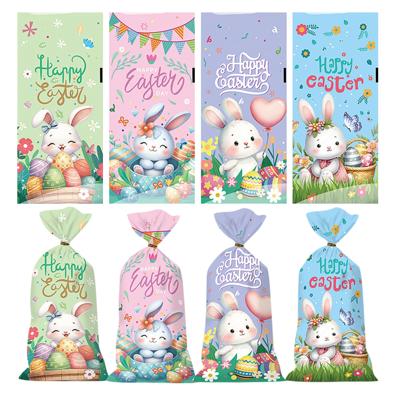 50 Oster-Geschenktüten Aus Zellophan – 4 Designs, Mit Bändern, 27,9x13,5 Cm