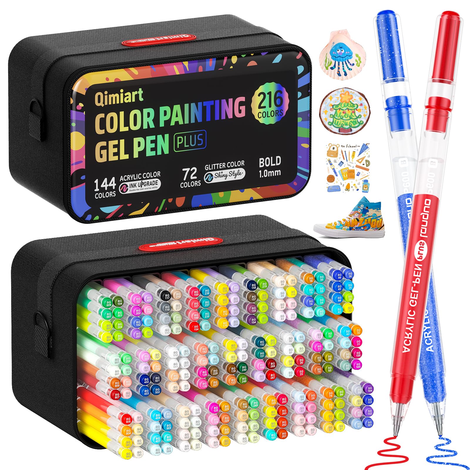 TrendGate Set di 216 penne gel acriliche, tratto 1 mm, 216 colori (144 matite acriliche + 72 matite glitteratiche), set di penne gel per pittura, scrittura e diario per tela, tessuto, carta