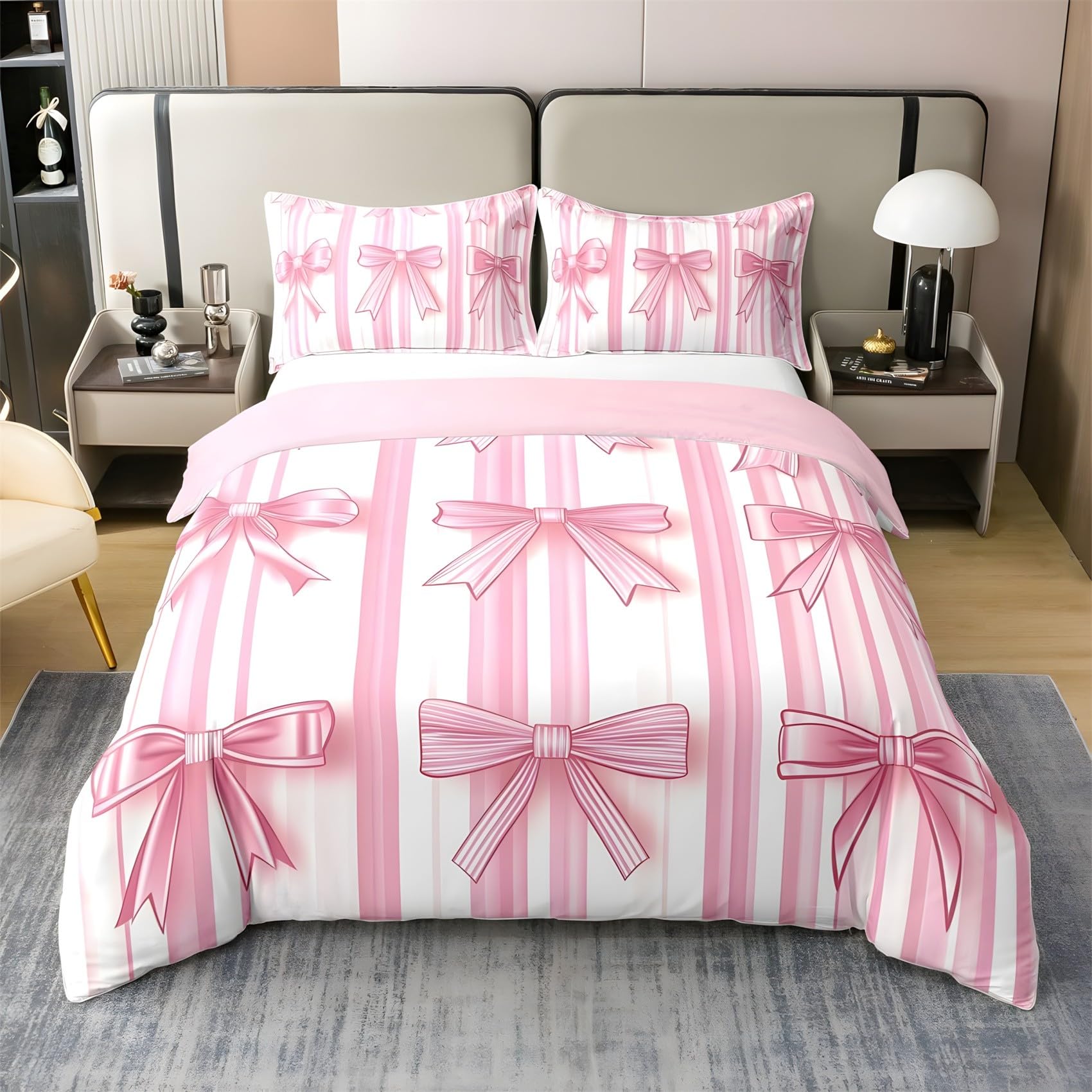 Housse de couette 220x240 rose à rayures avec ses deux taies d'oreiller assorties