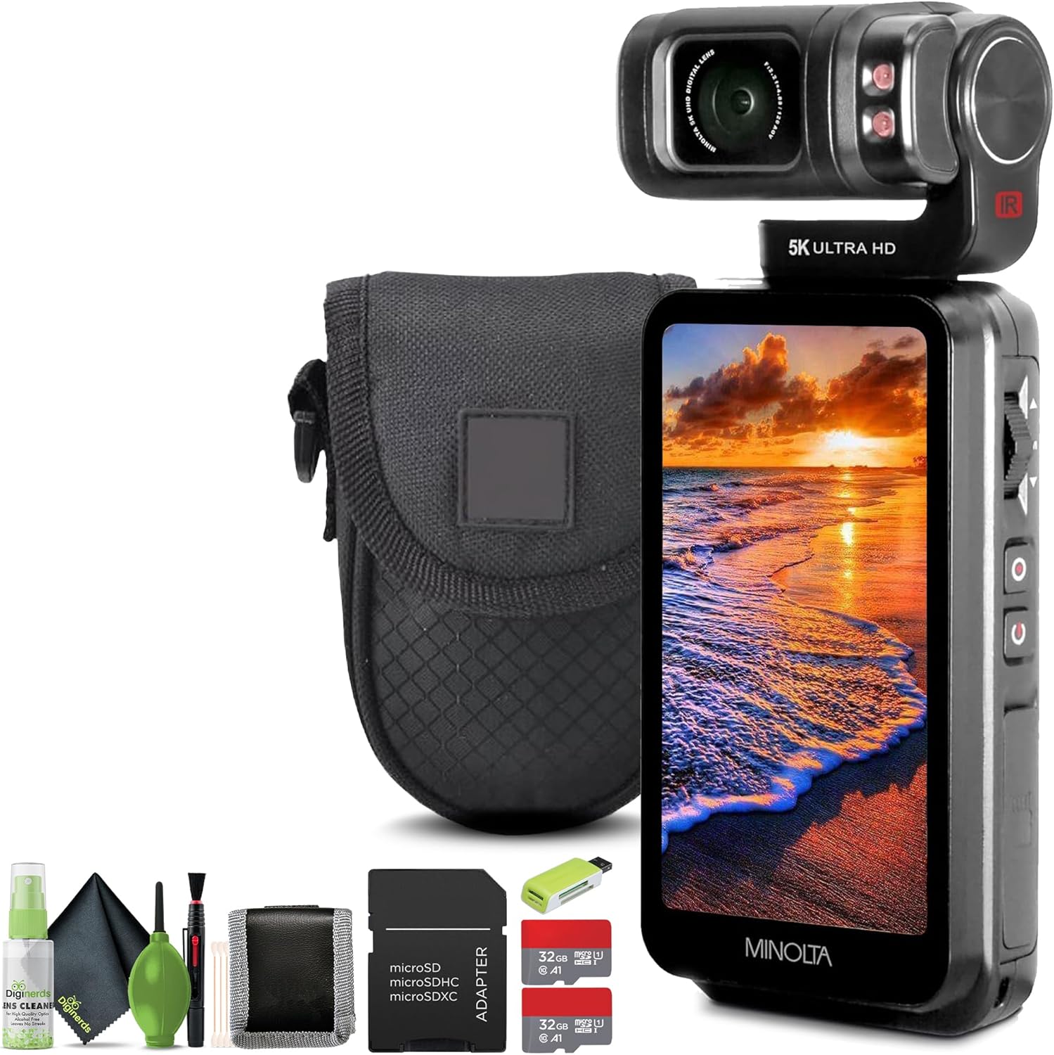 Minolta MN5KGP1 5K Ultra HD / 20 MP Handheld Pocket Camcorder w/Motorized Tilting Lens Head Bundle with Accessories