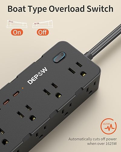 Miniatura 4 de Regletas de alimentación con protección contra sobretensiones, cable de extensión trenzado de 5 pies con múltiples tomas, 8 salidas de CA, 4 puertos